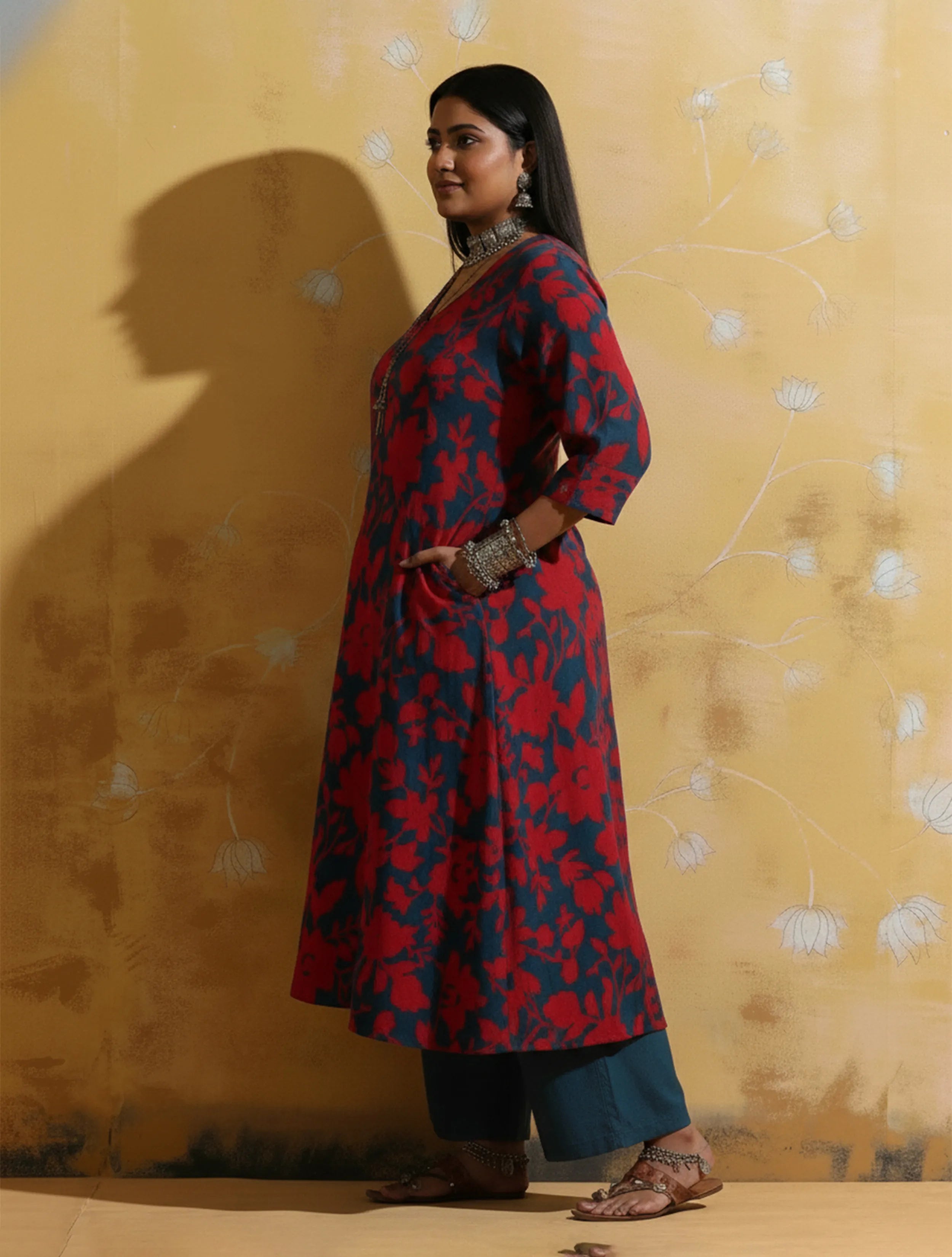 trueBrowns Red Teal Jaal Print  Muslin Silk A-Line Kurta Set