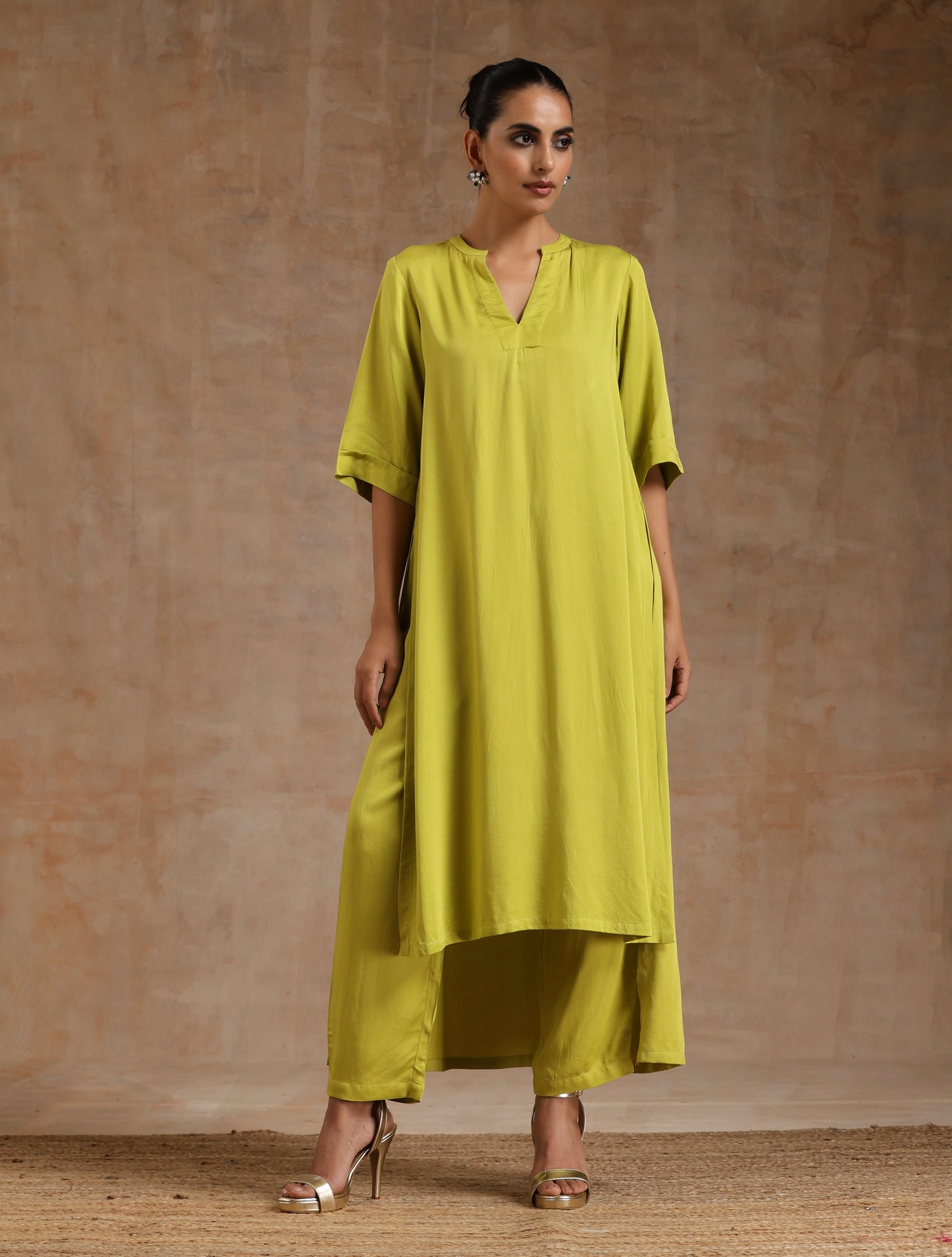 Lime Modal Satin High-Low Relax Kurta Set