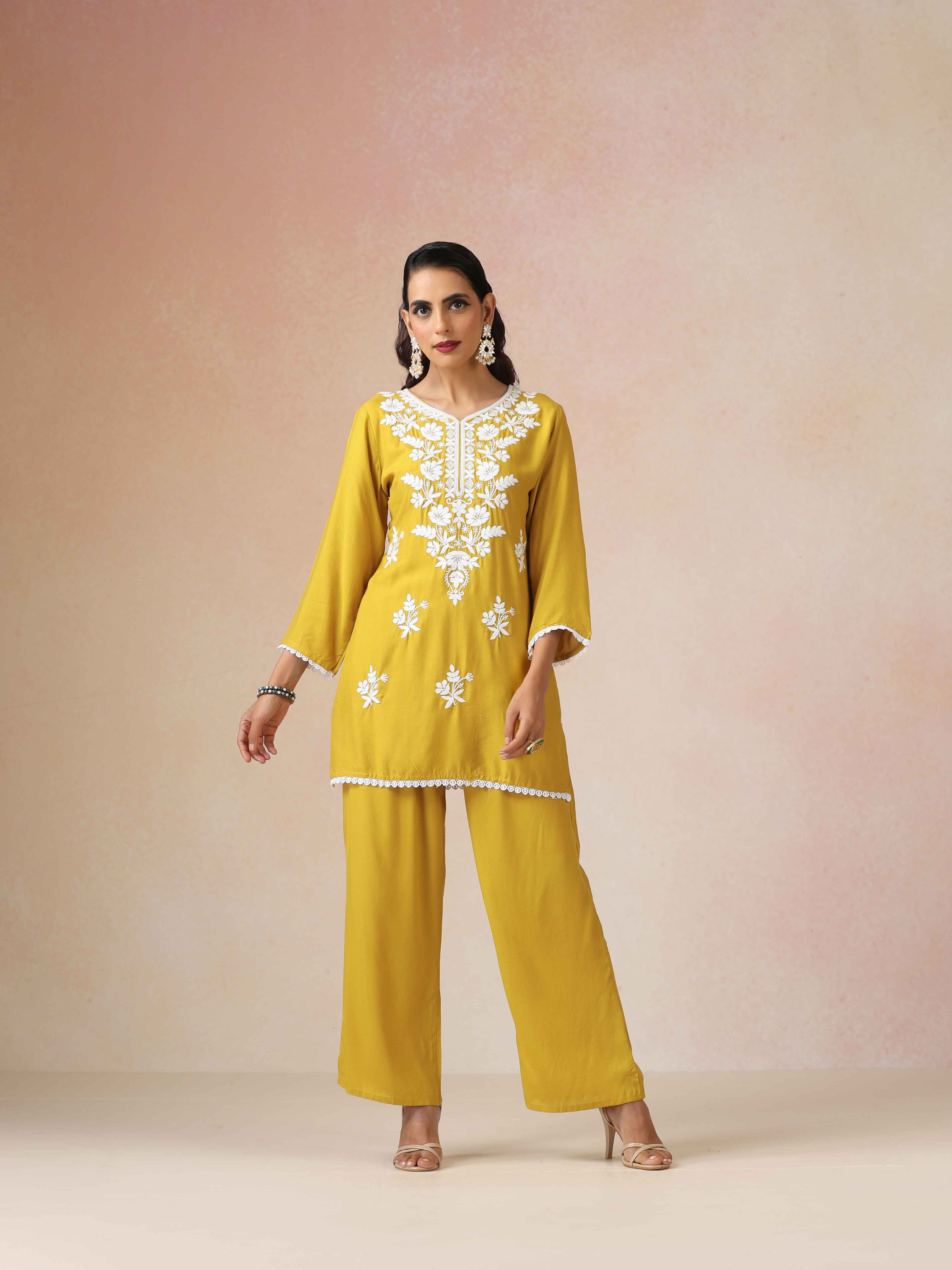 trueBrowns Yellow Embroidered Straight Kurta Co-Ord Set