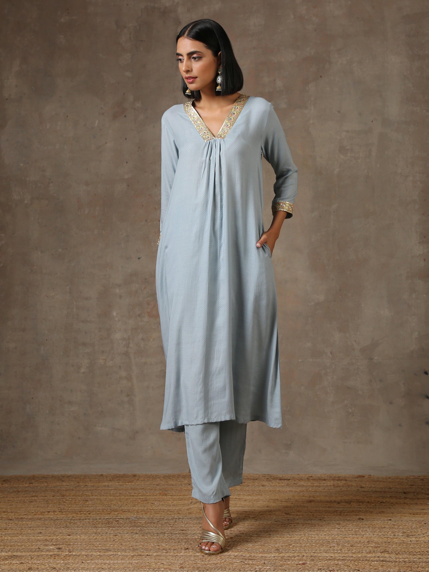 The Daphne - Light Blue Solid Textured Kurta Pant Set - trueBrowns