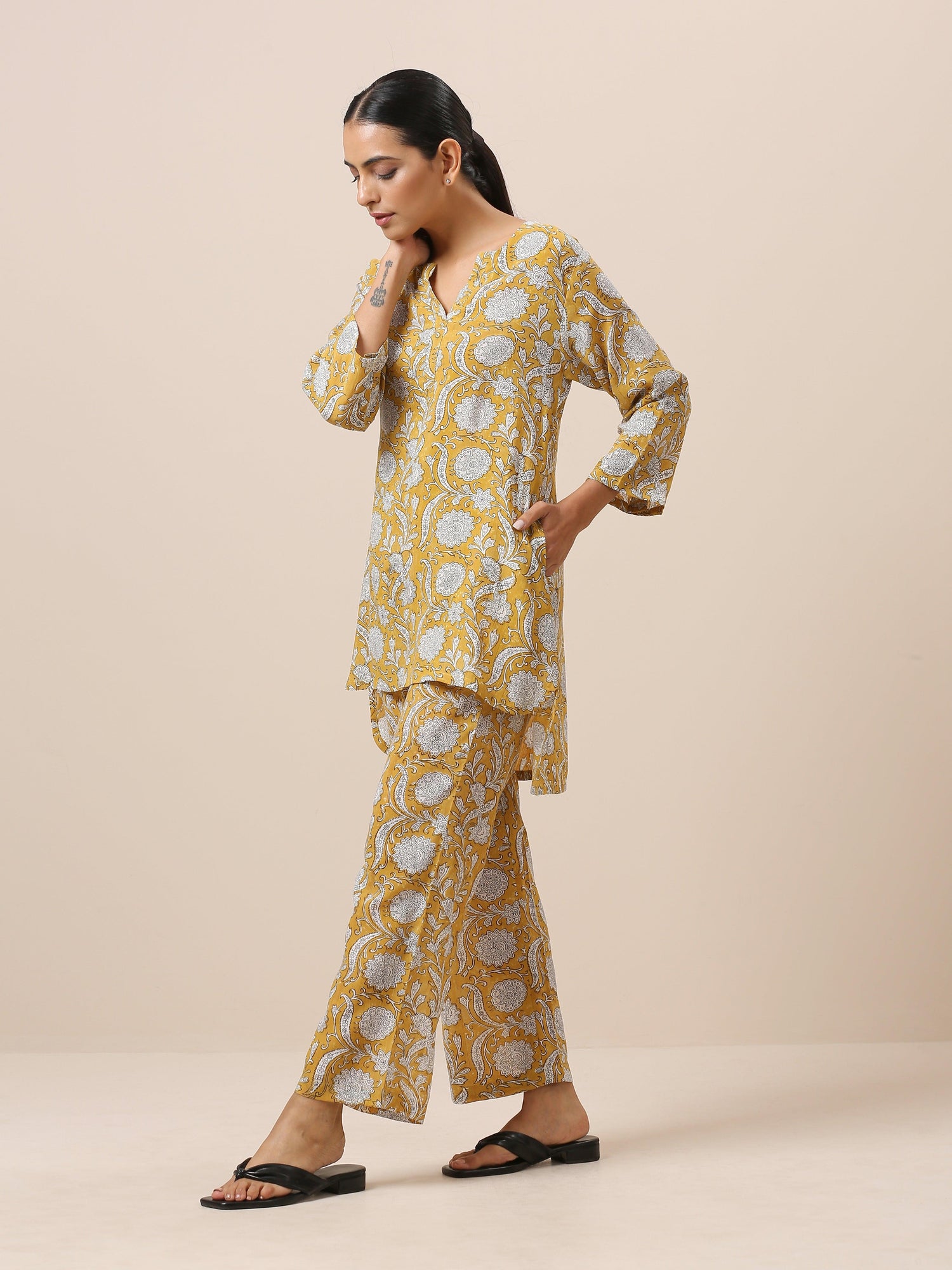 Cotton Hand Block Printed Yellow Co-Ord Set - trueBrowns