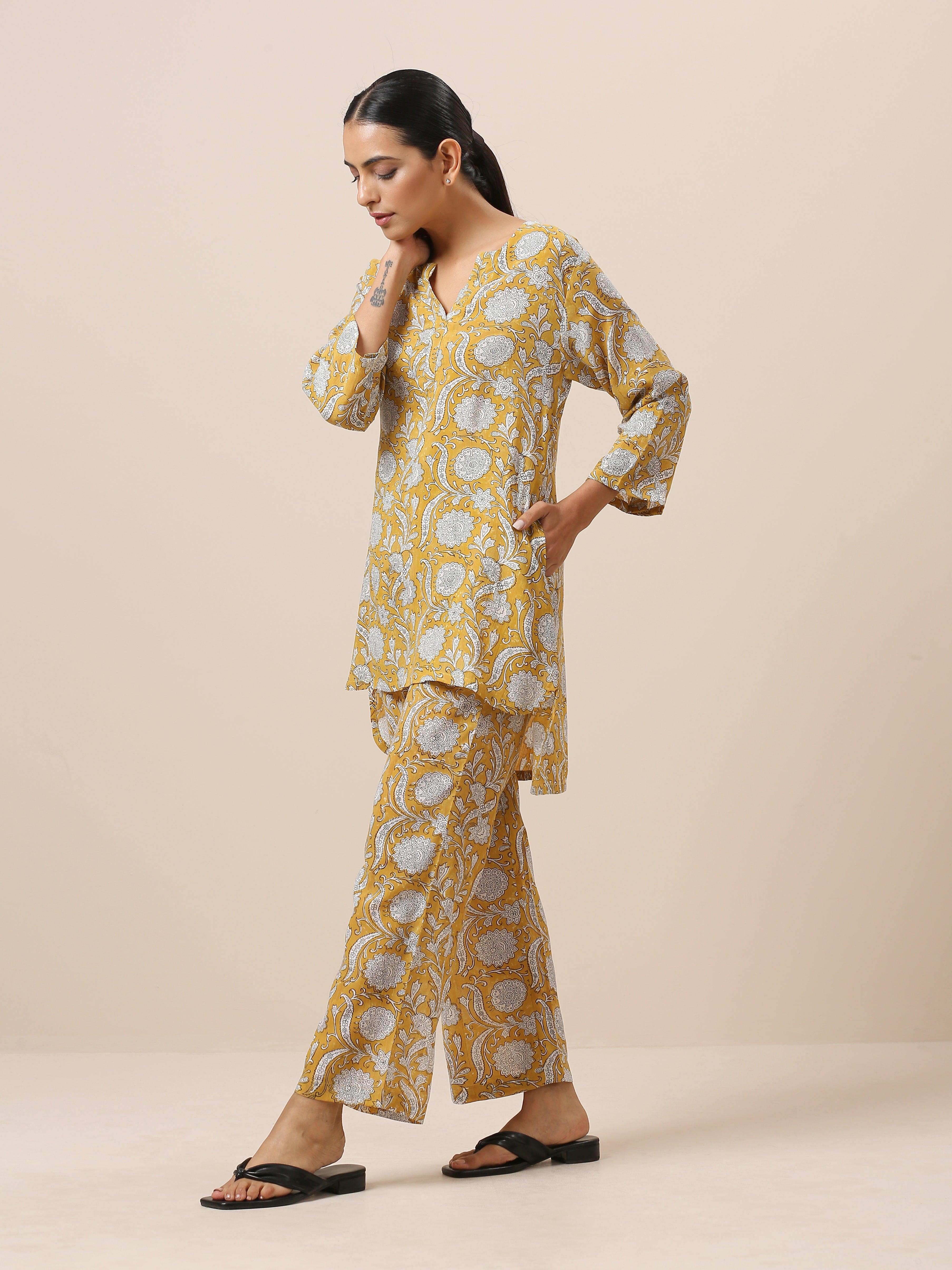 Cotton Hand Block Printed Yellow Co-Ord Set - trueBrowns