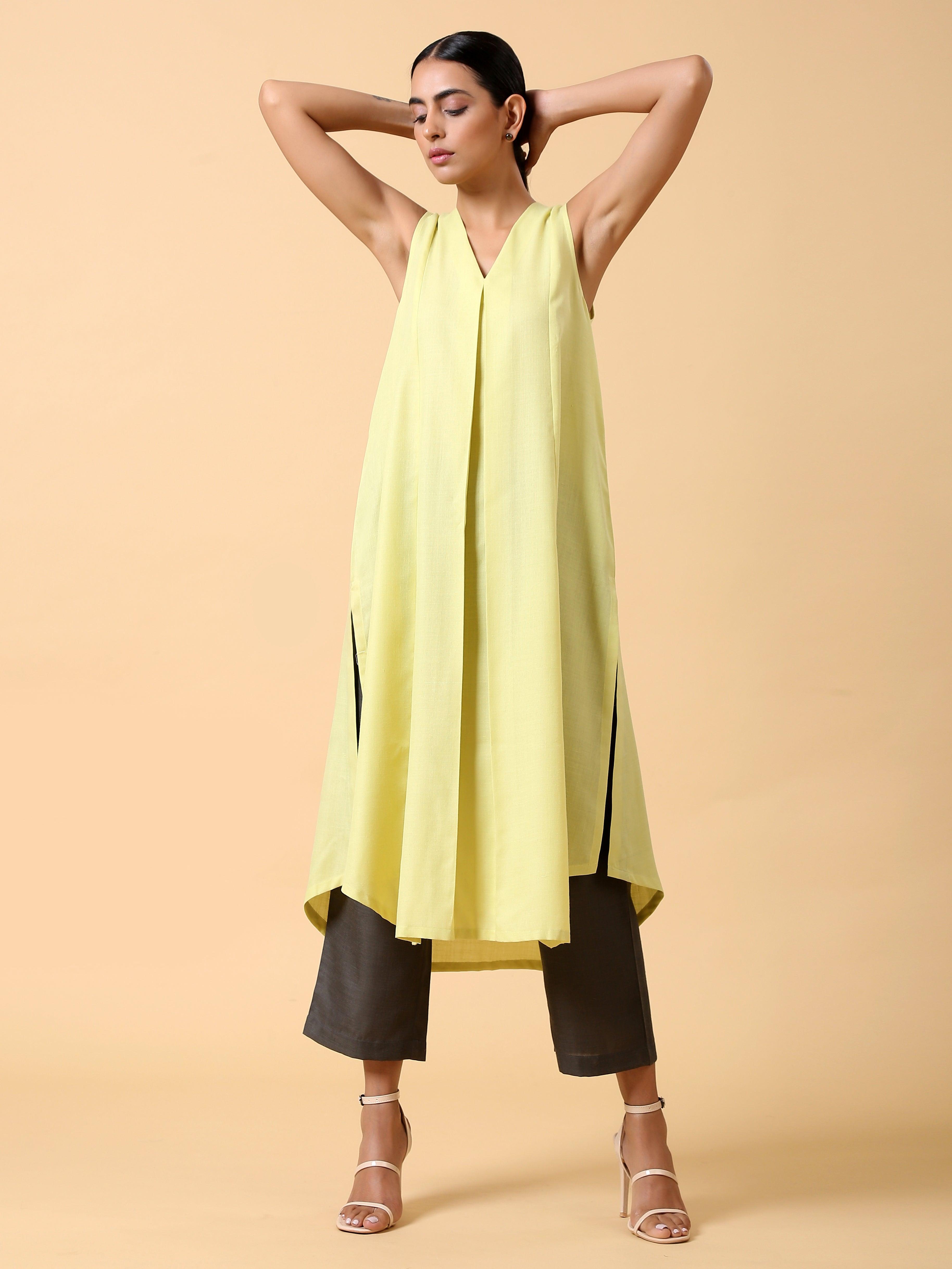 Cotton Linen Light Green Sleeveless Kurta Pant Set - trueBrowns