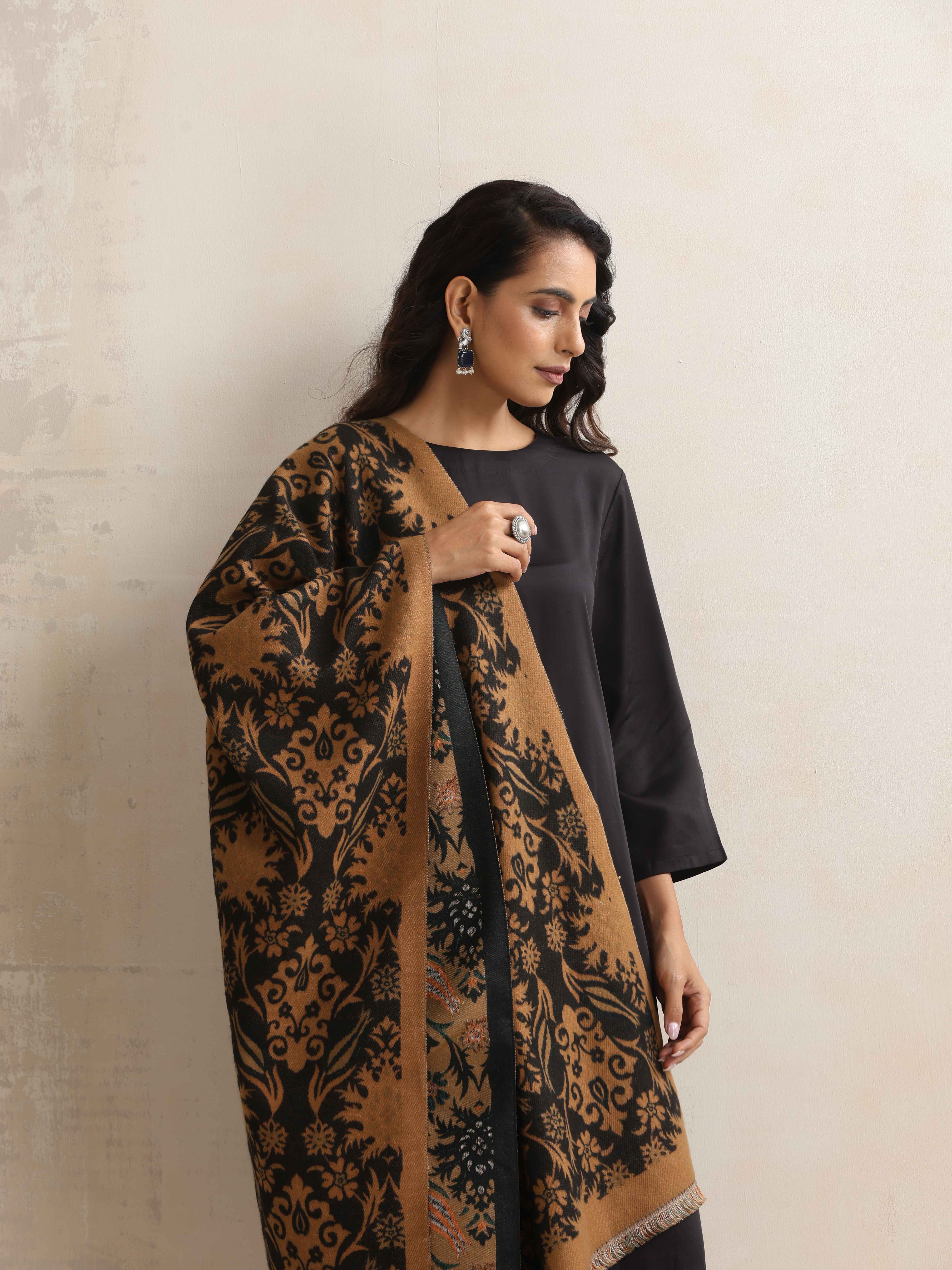 trueBrowns Brown Floral Reversible Woollen Stole