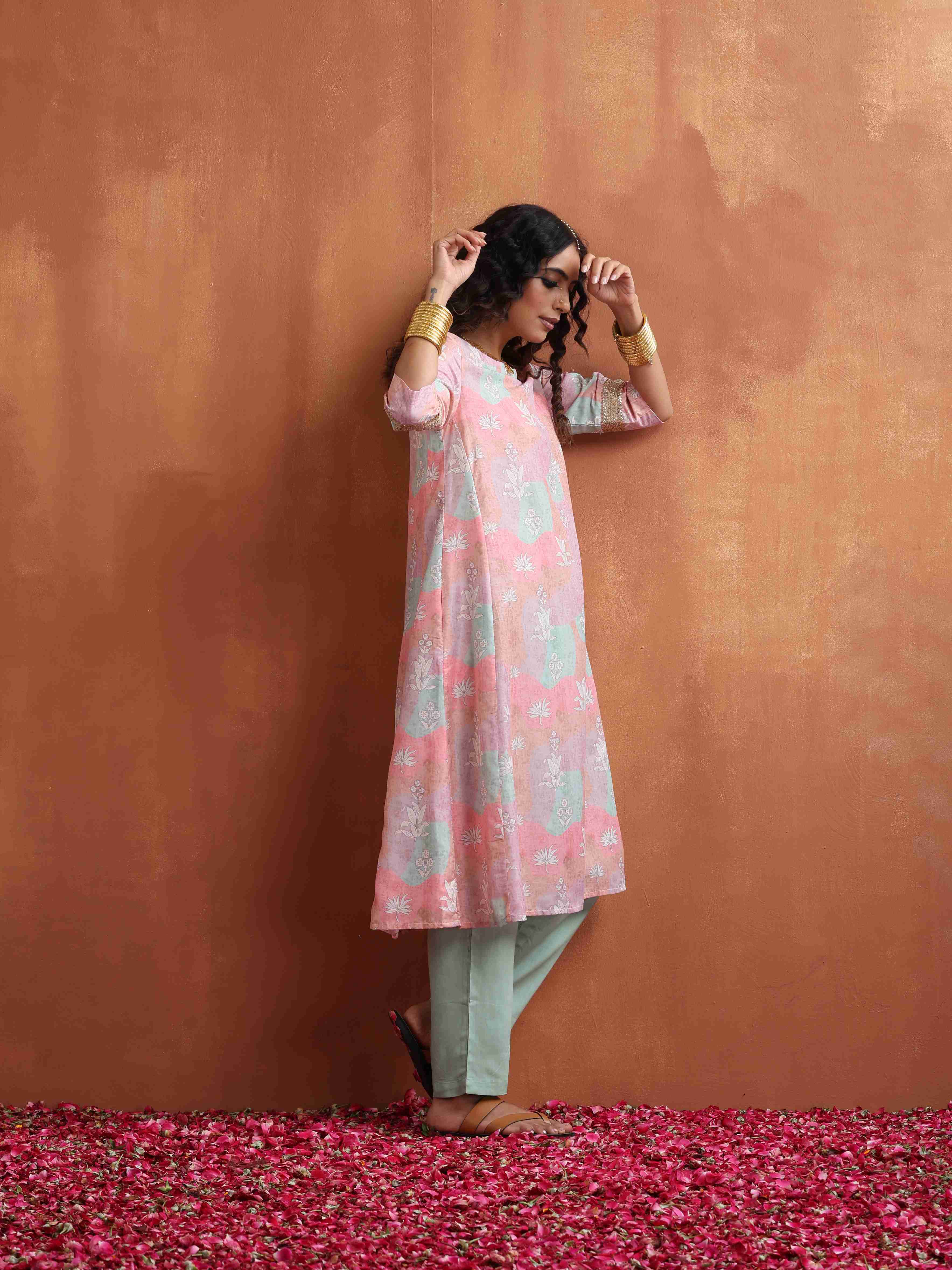 trueBrowns Beige Palm Print A-line Kurta Set