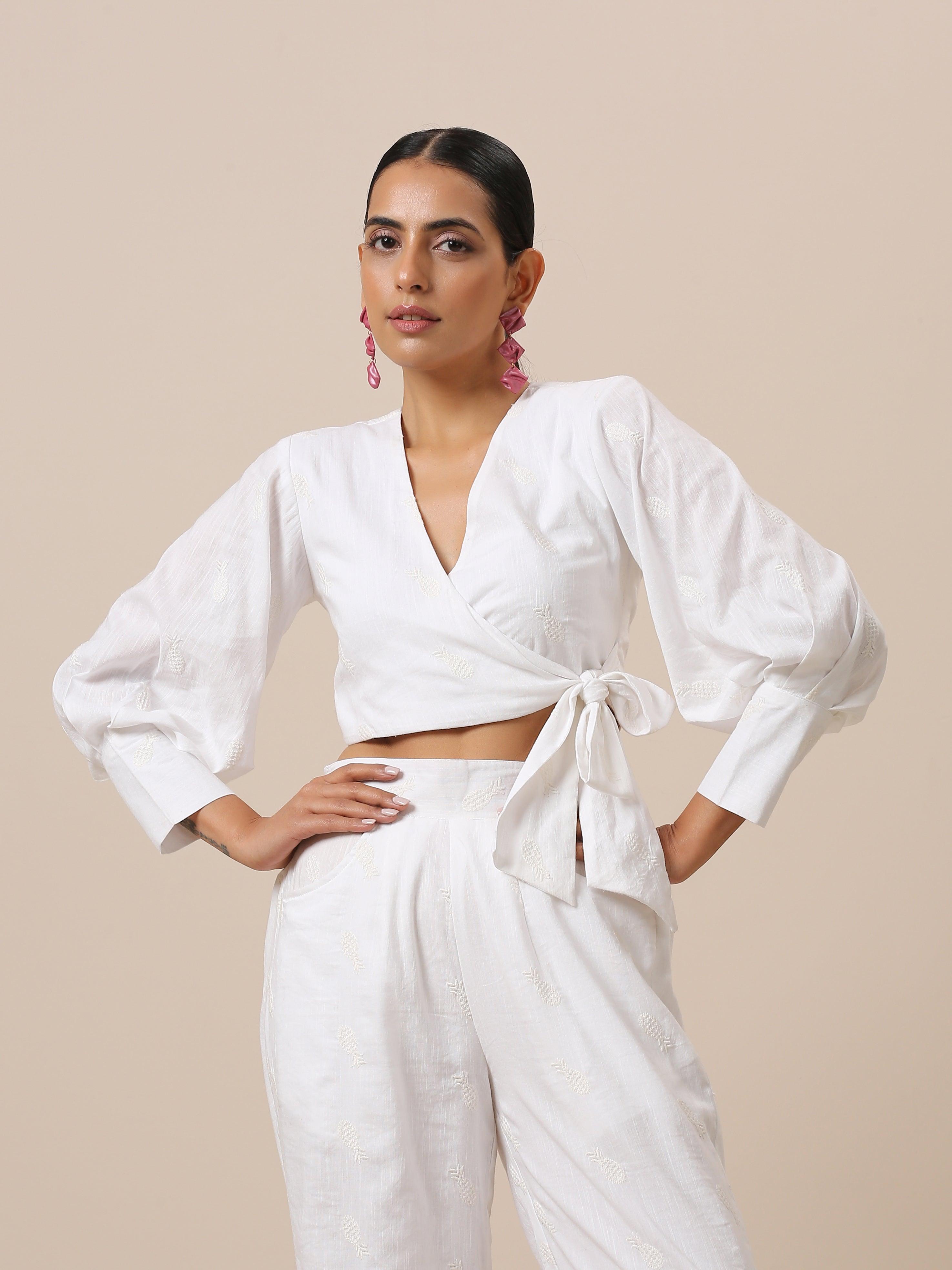 Cotton White Pineapple Embroidered Top - trueBrowns