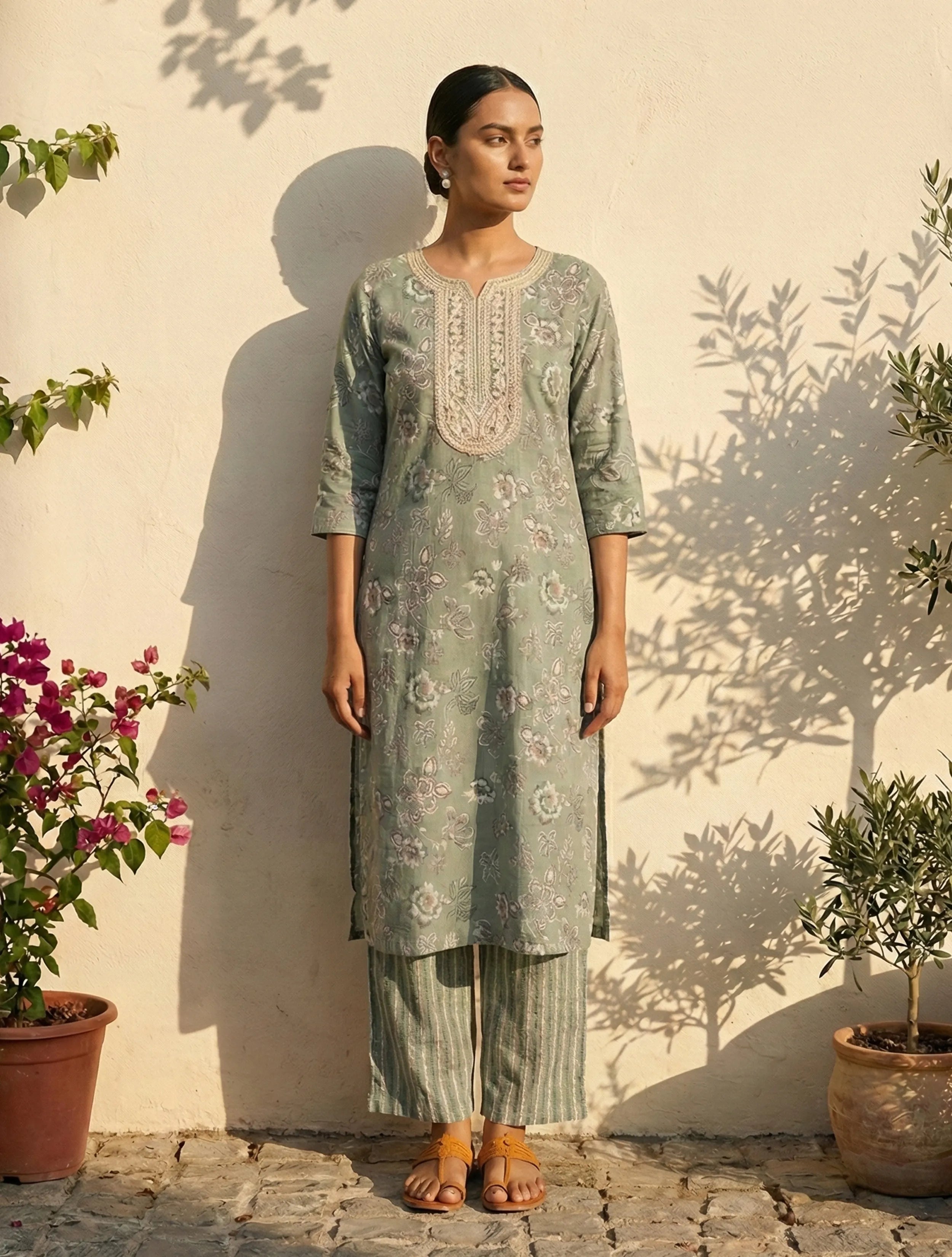 trueBrowns Sage Green Floral Print Kurta Pant Dupatta Set