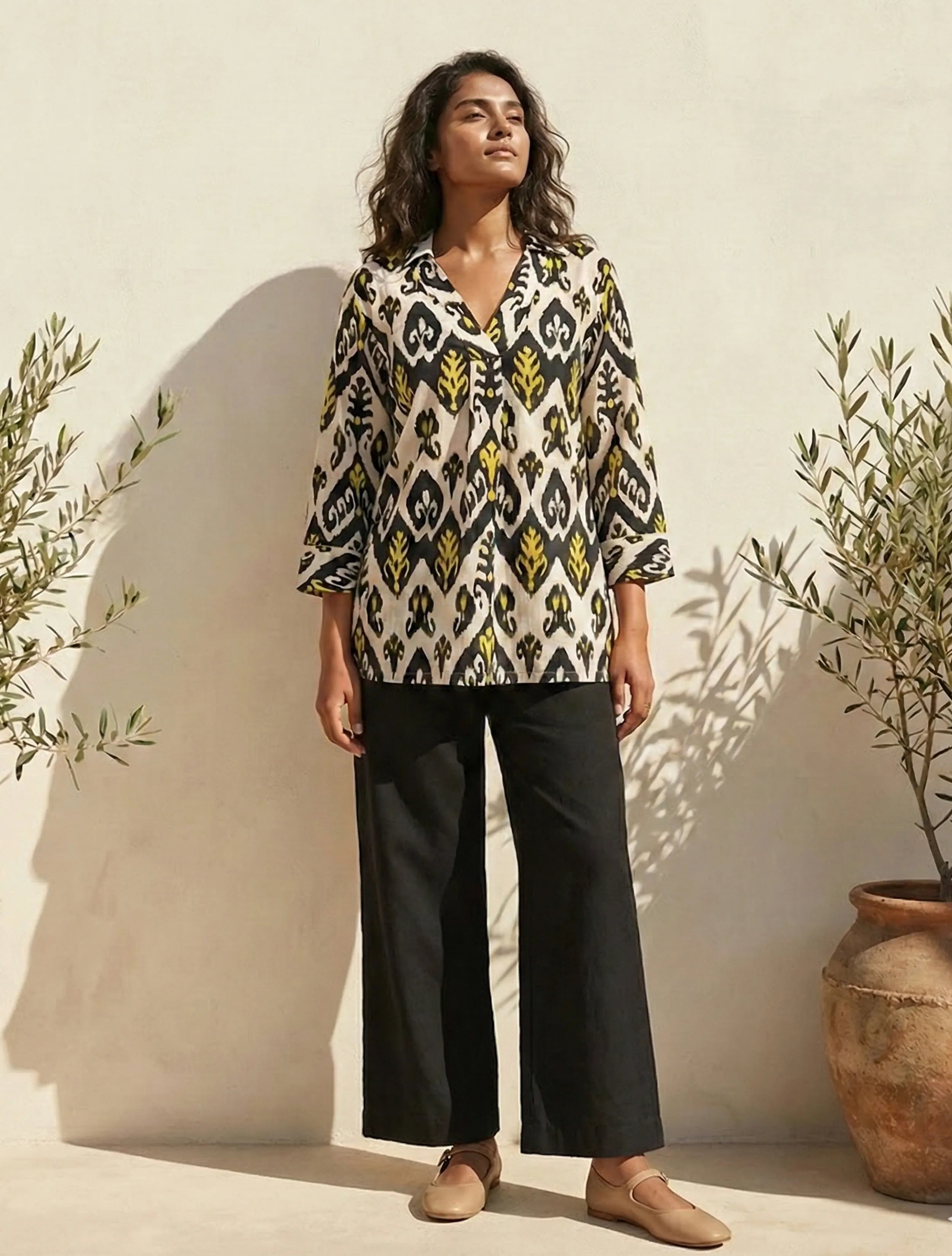trueBrowns Black White Ikat Print Cotton Co-Ord Set