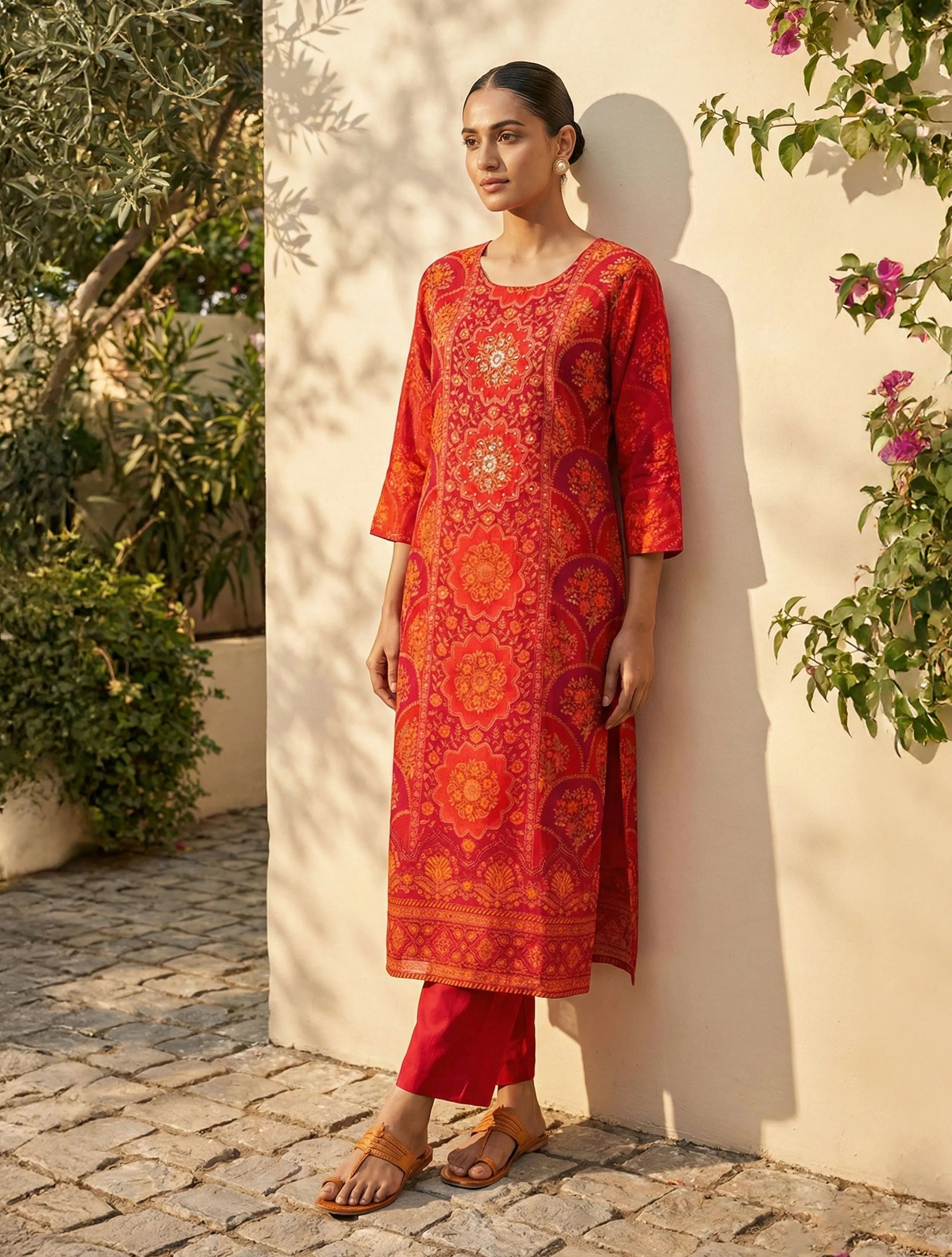 trueBrowns Red Pink Print Embroidered Kurta Pant Dupatta Set