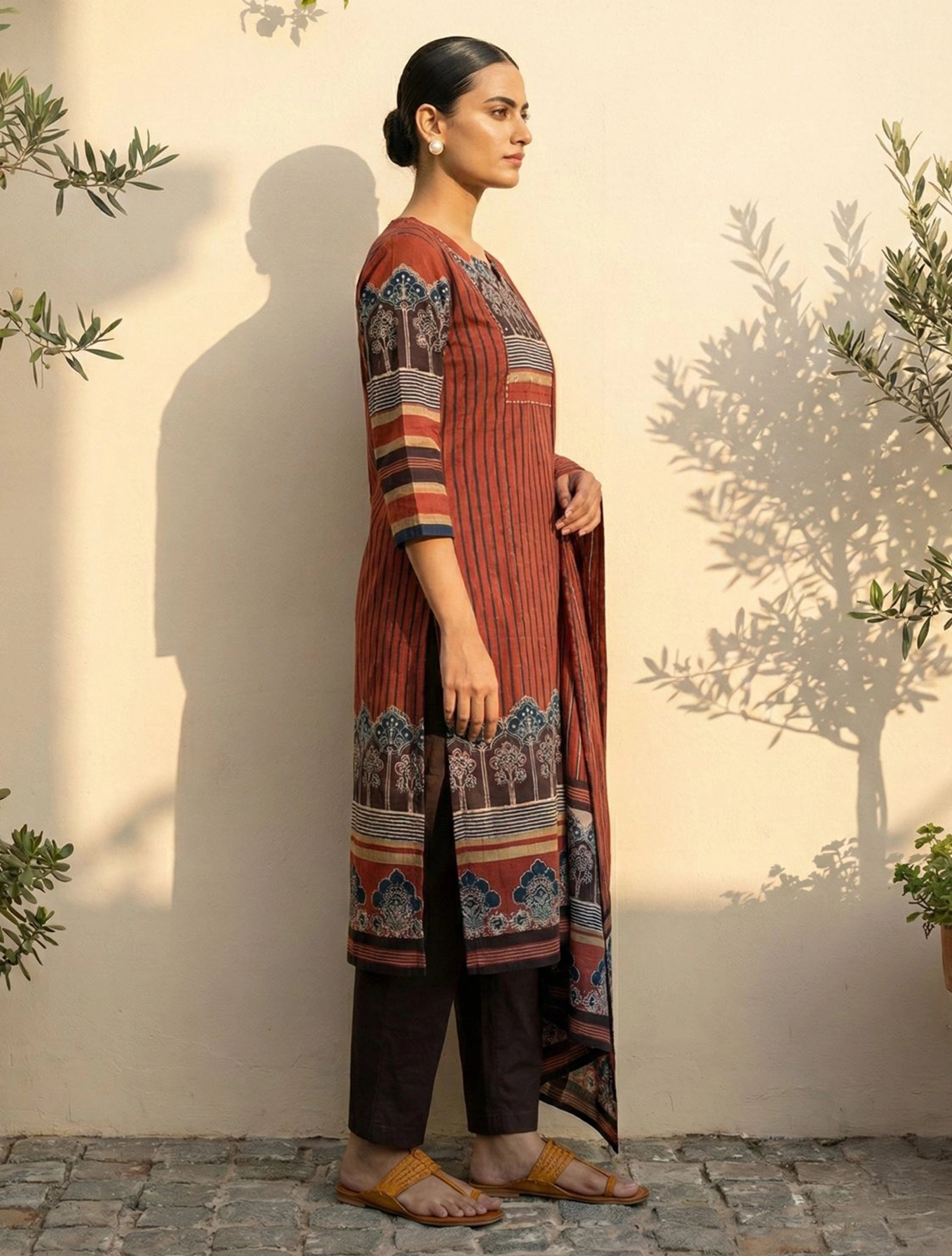 trueBrowns Maroon Printed Round With V Neck Kurta Pant Dupatta Set