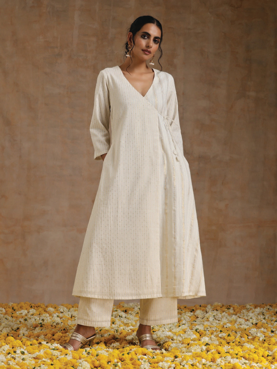 Ivory Gold Cotton Angrakha Kurta Set