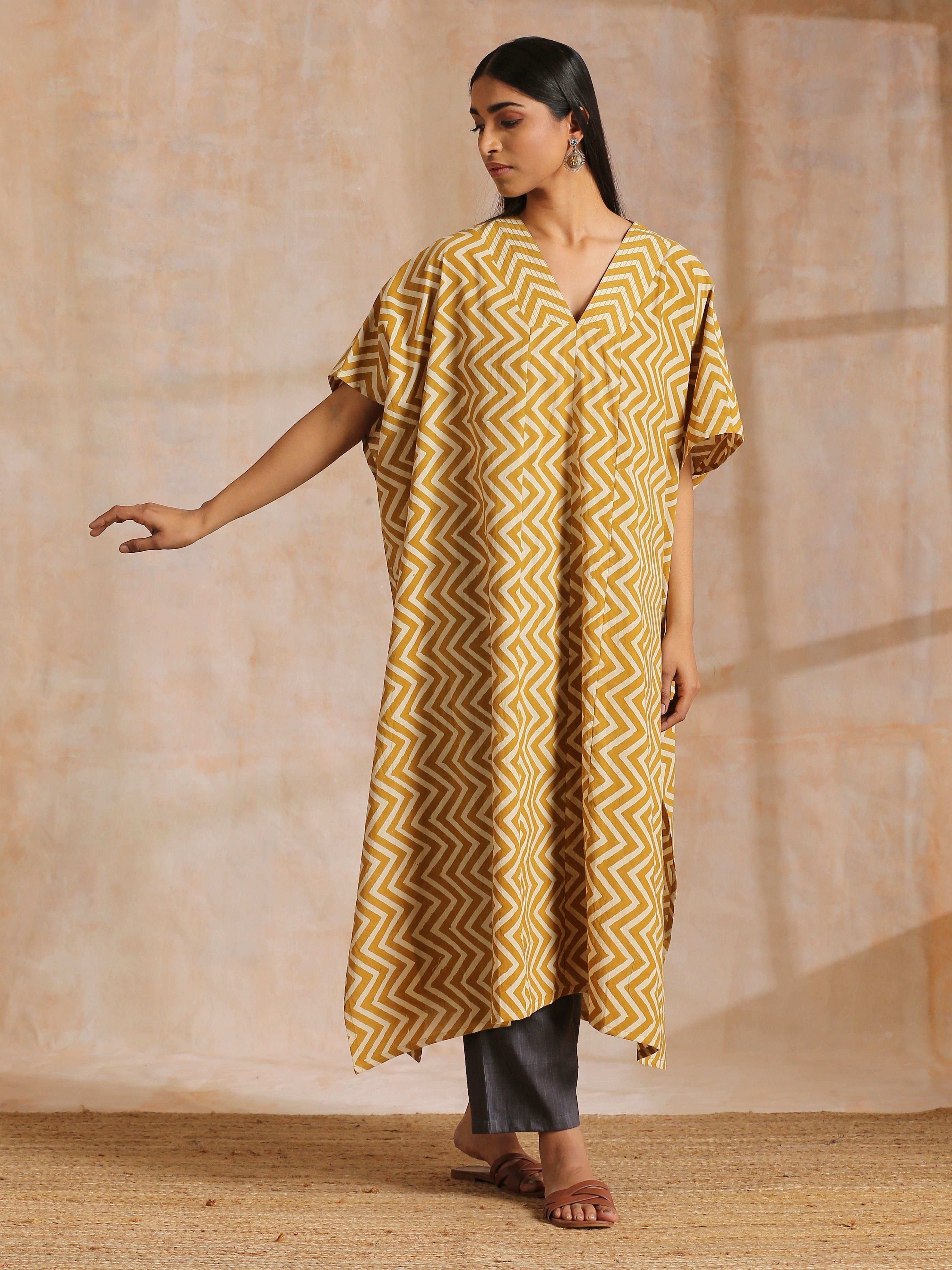 Mustard Dabu Zig-Zag Lines Print Cotton Panel Kaftan Kurta Pant Set