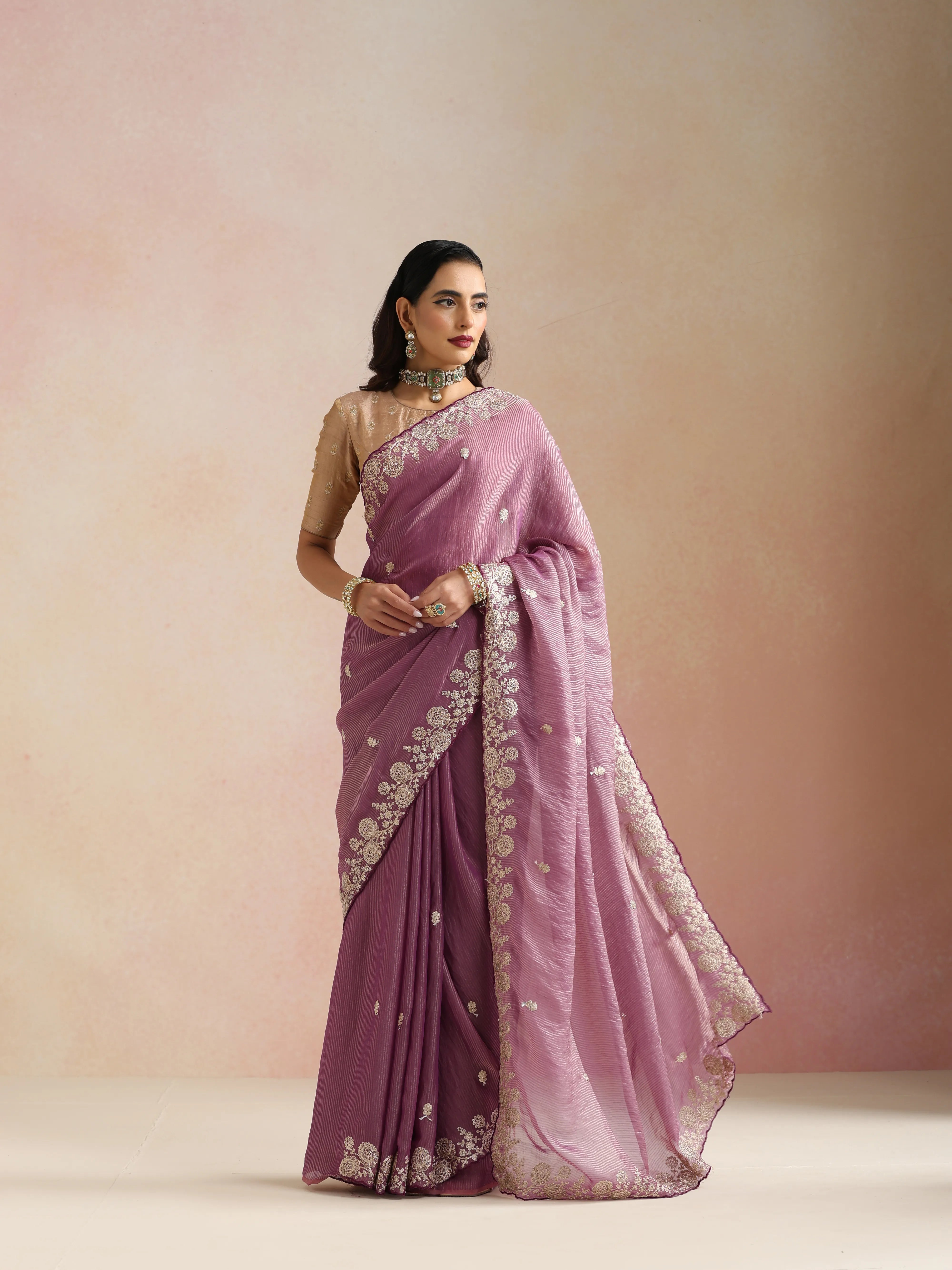 trueBrowns Purple Tissue Stripe Embroidery Weave Saree With Unstitched Blouse