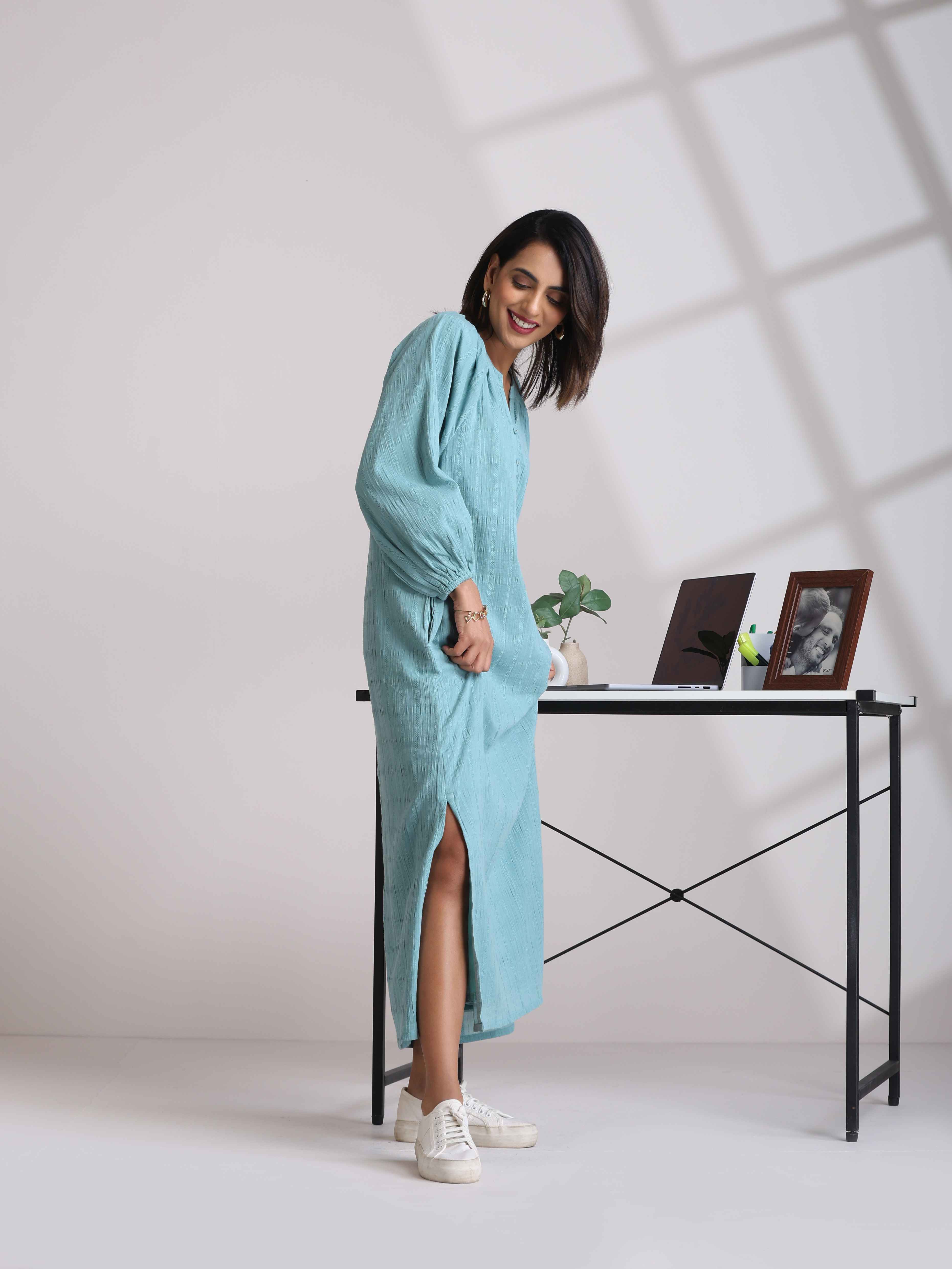 trueBrowns Aqua Blue Cotton Dobby Dress