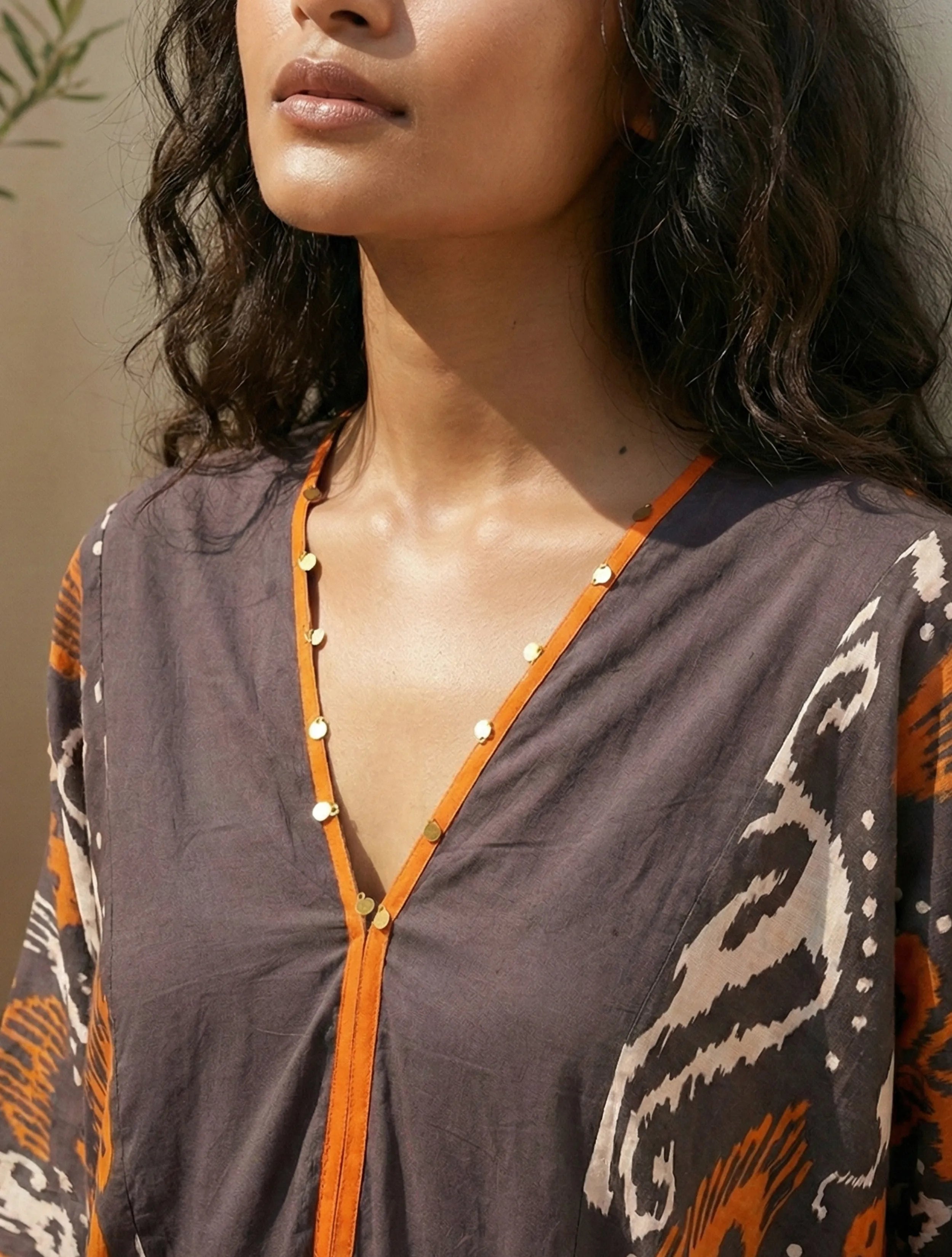 trueBrowns Cola Orange Ikat Print Cotton Kaftan Kurta Set