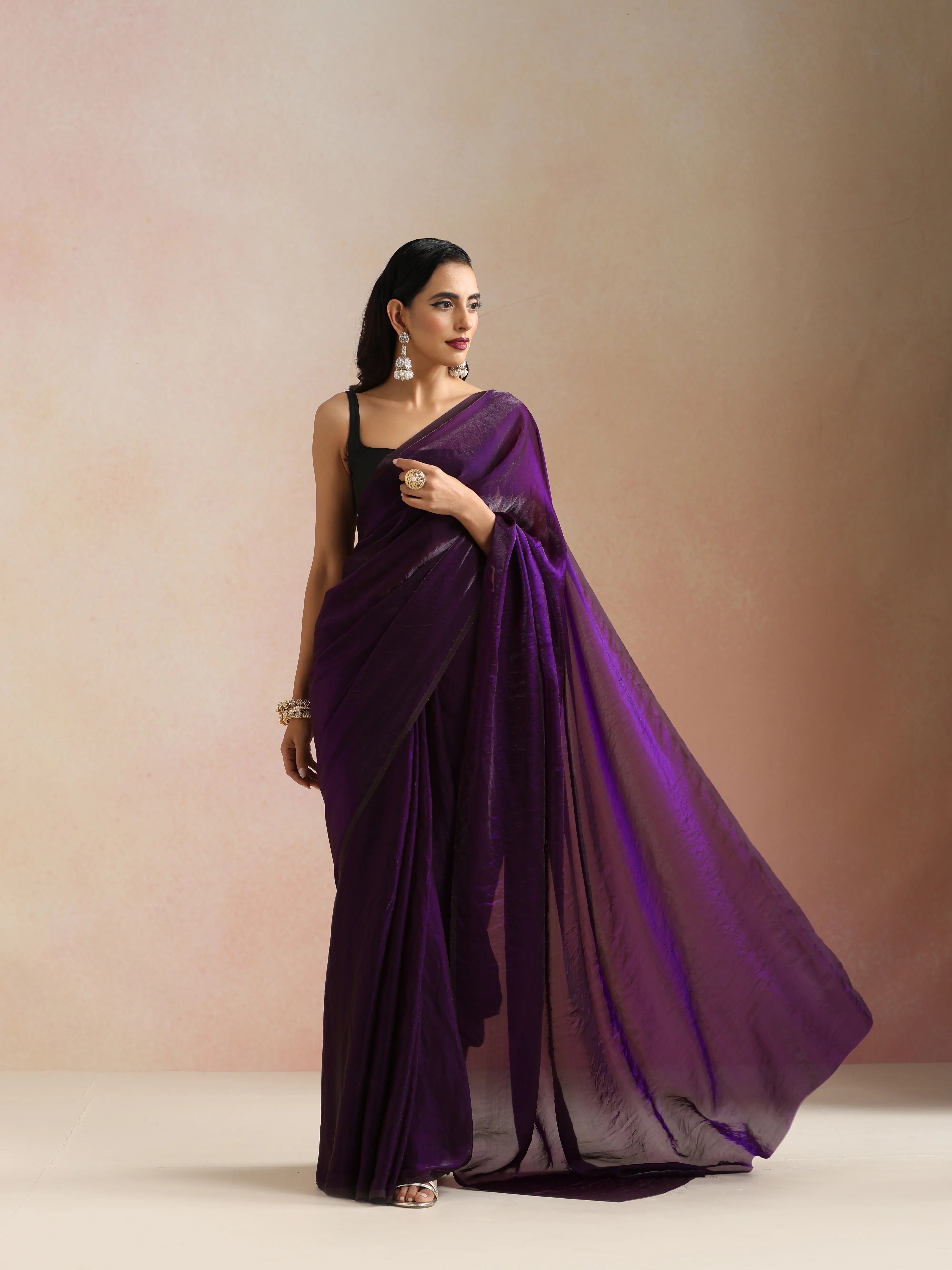 trueBrowns Purple Tissue Saree With Unstitched Blouse