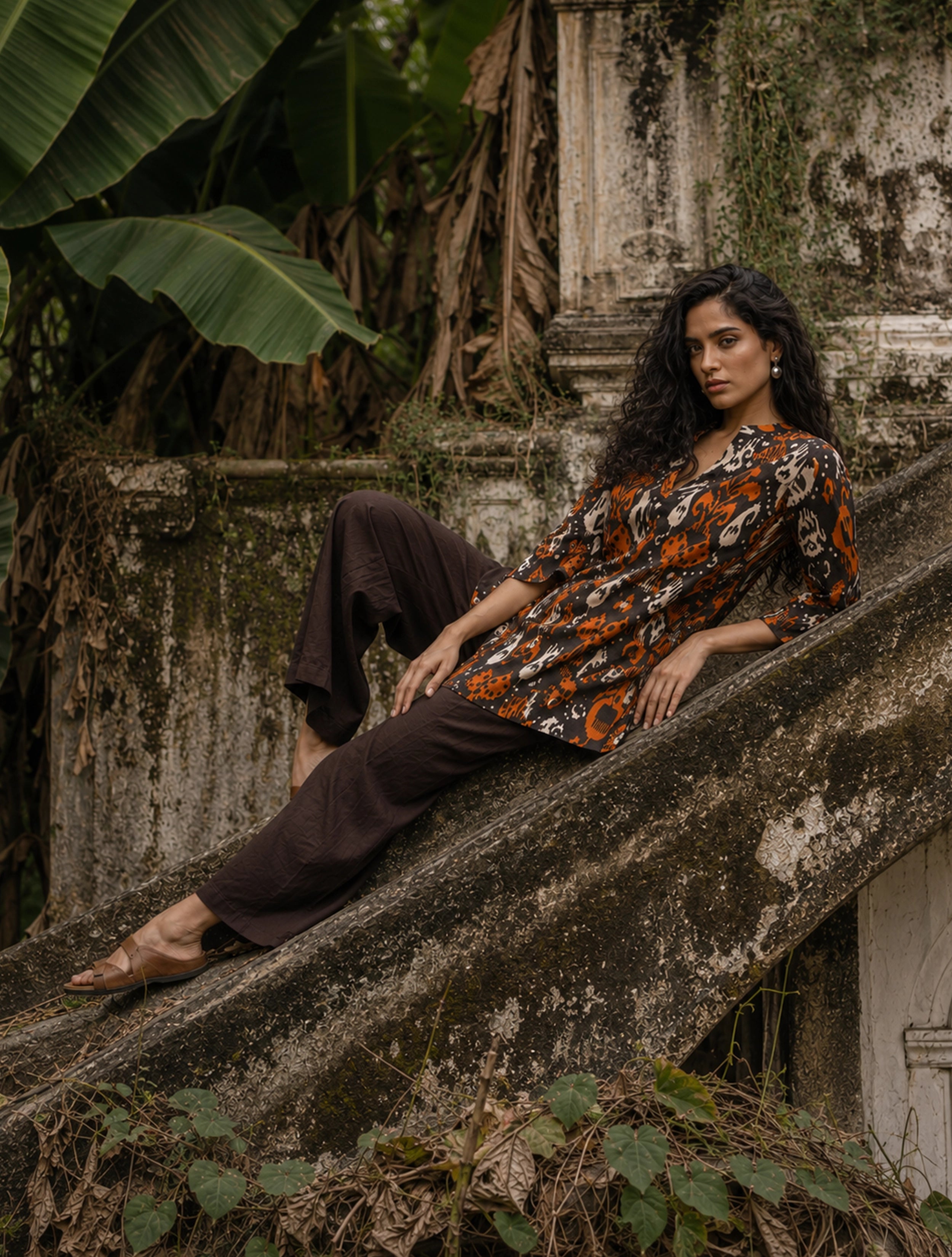 trueBrowns Cola Orange Ikat Print Cotton Co-Ord Set