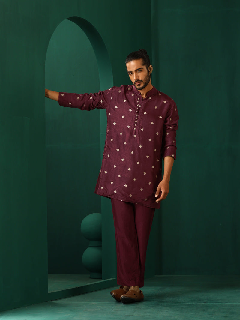 trueBrowns Men Wine Diamond Viscose Silk Co-ord Set