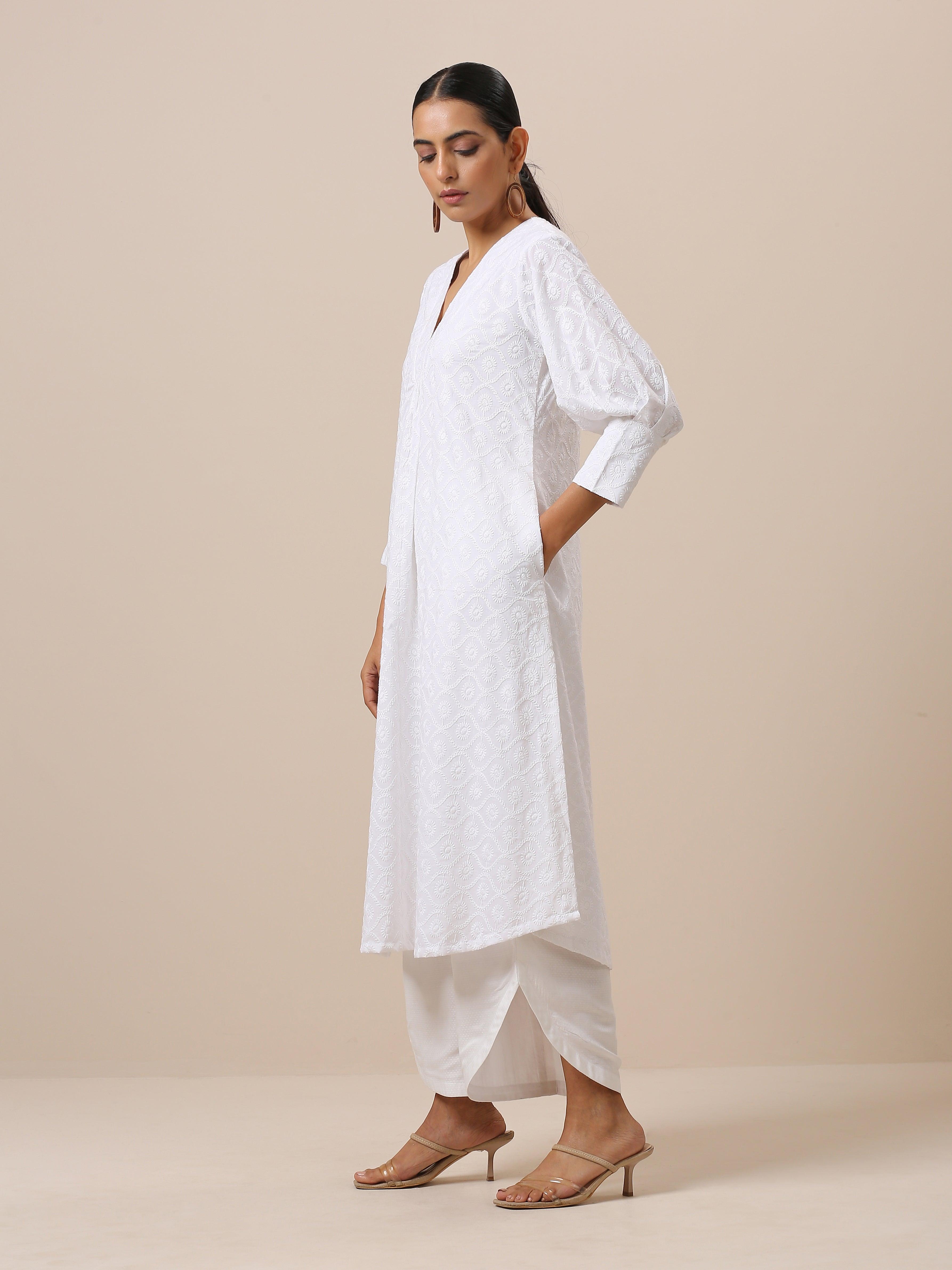 Cotton White Embroidered Slit Kurta Pant Set - trueBrowns