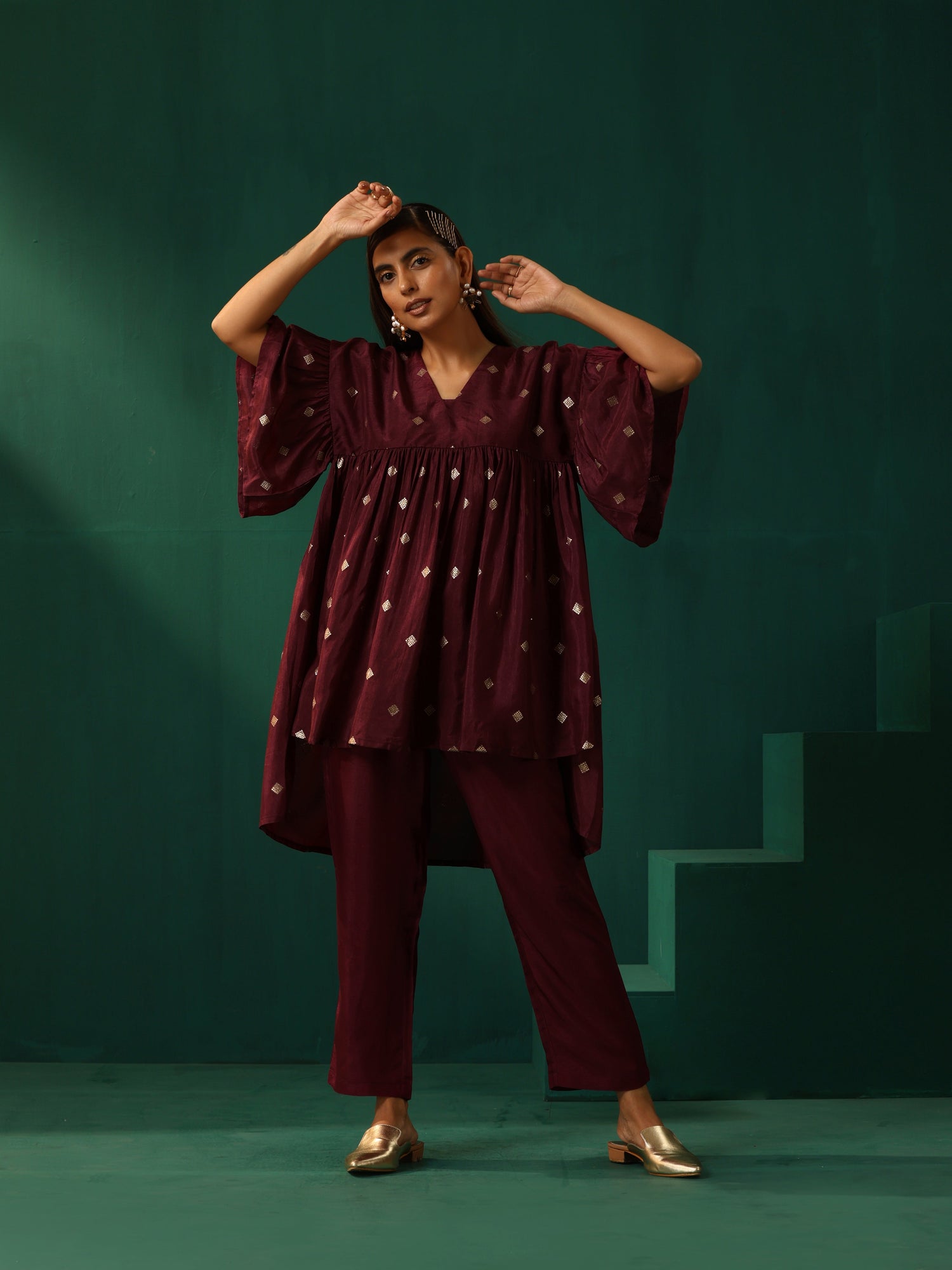 trueBrowns Wine Diamond Viscose Silk Co-ord Set