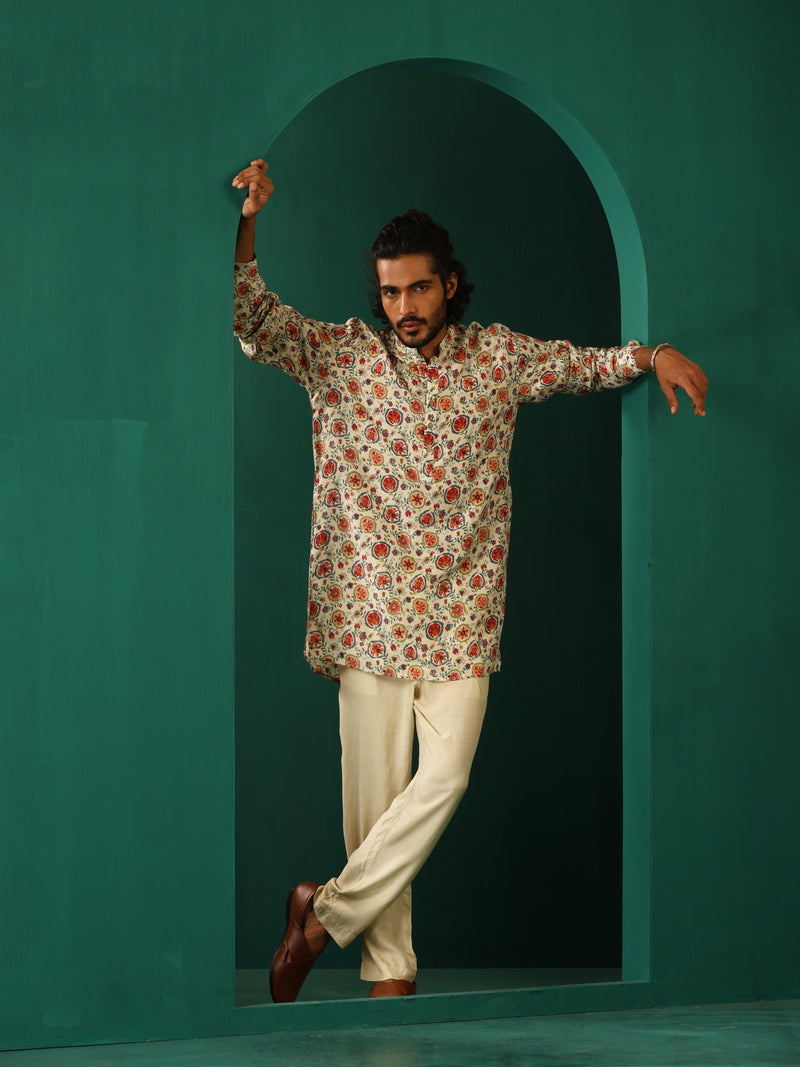 trueBrowns Men Off White Floral Bunch Muslin Silk Printed Co-ord Set