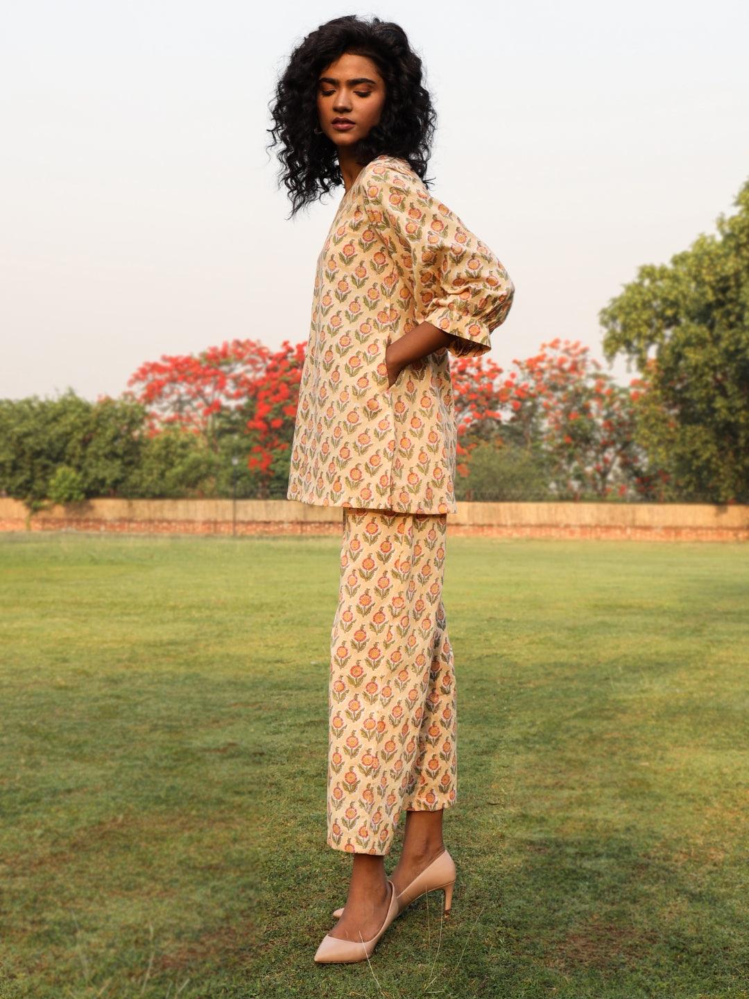 Peach Cotton Block Print Baggy Sleeve Co-Ord Set - trueBrowns