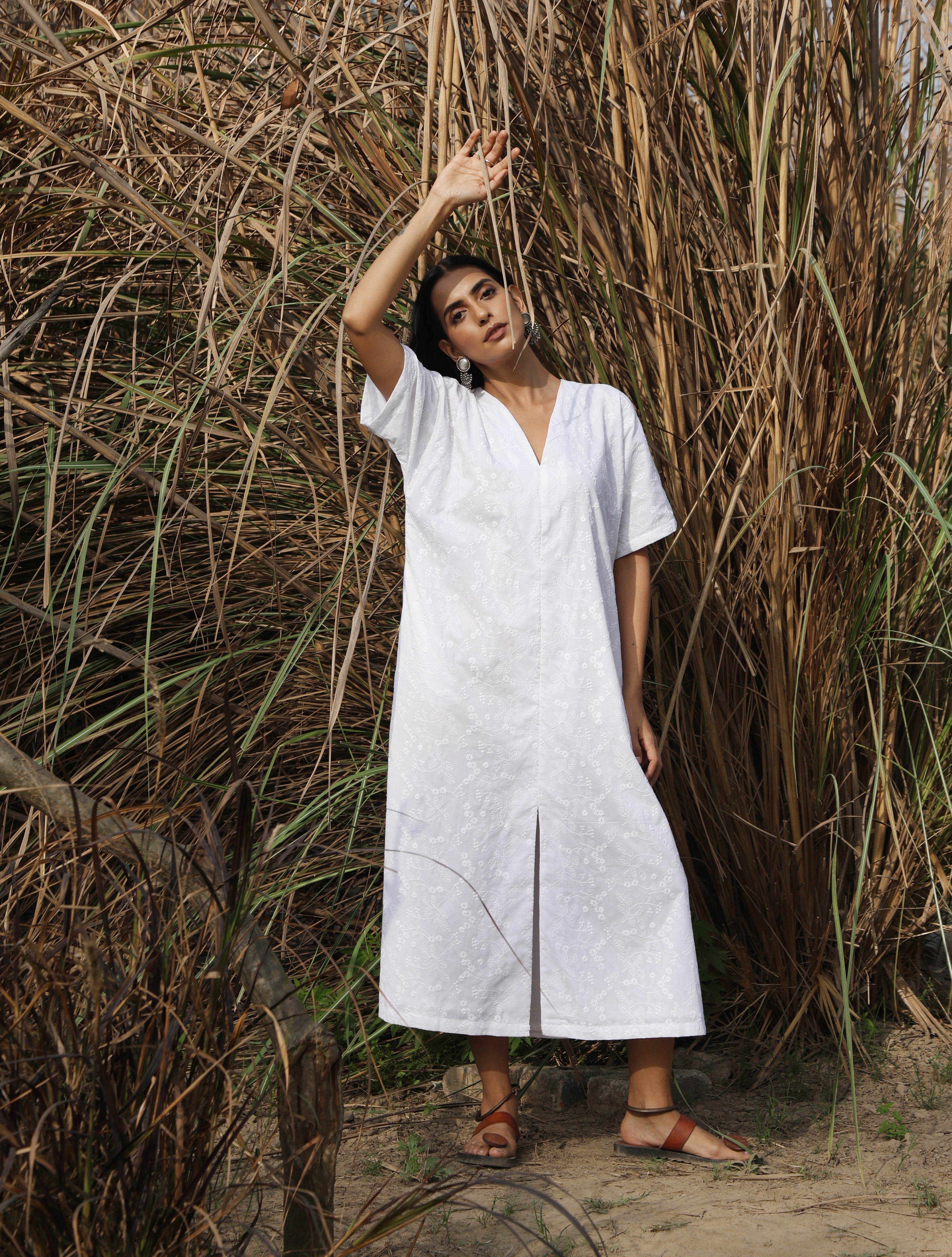trueBrowns White Cotton Embroidered Front Slit Dress
