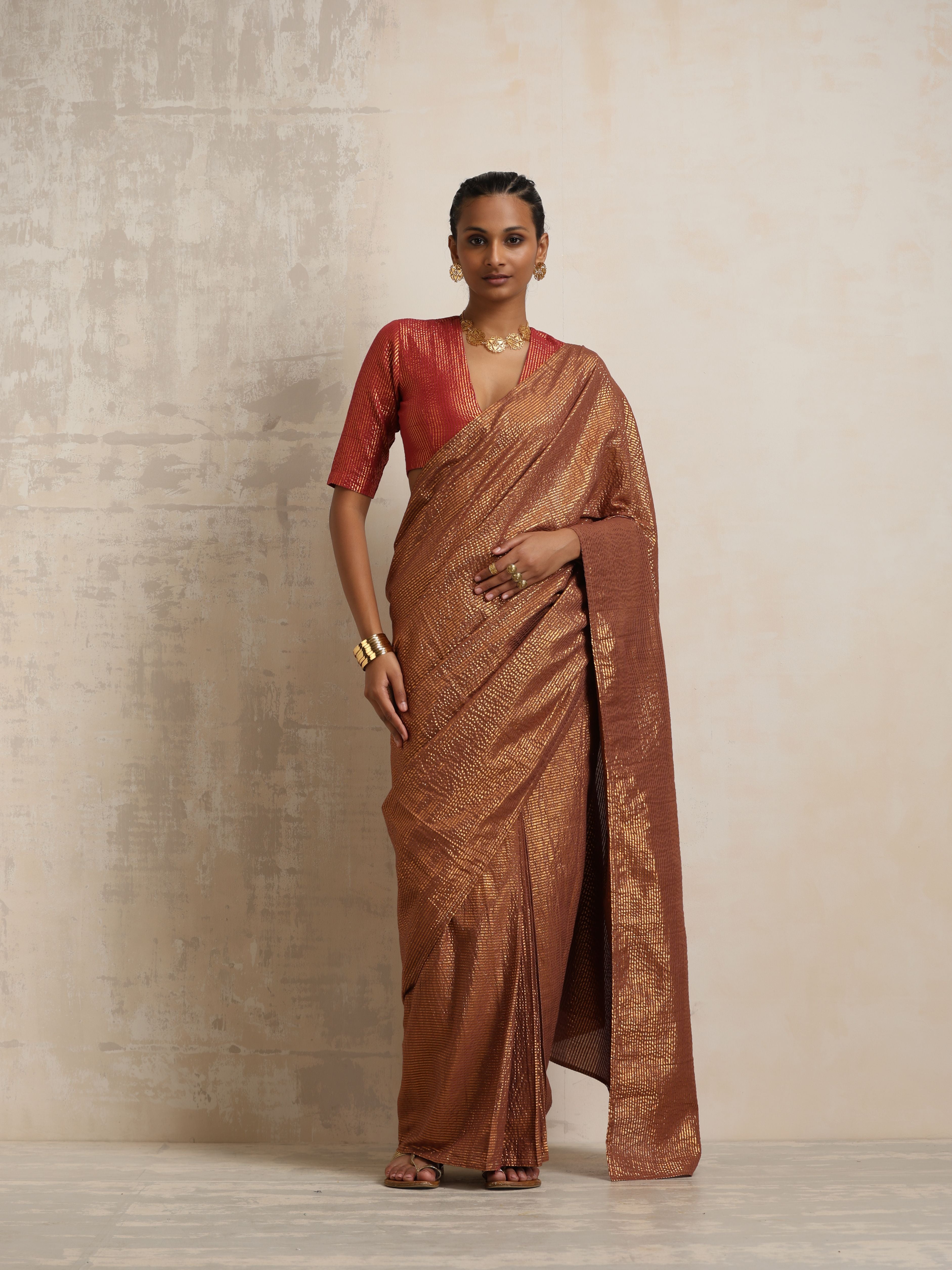 trueBrowns Brown Gold Lurex Ready To Wear Saree