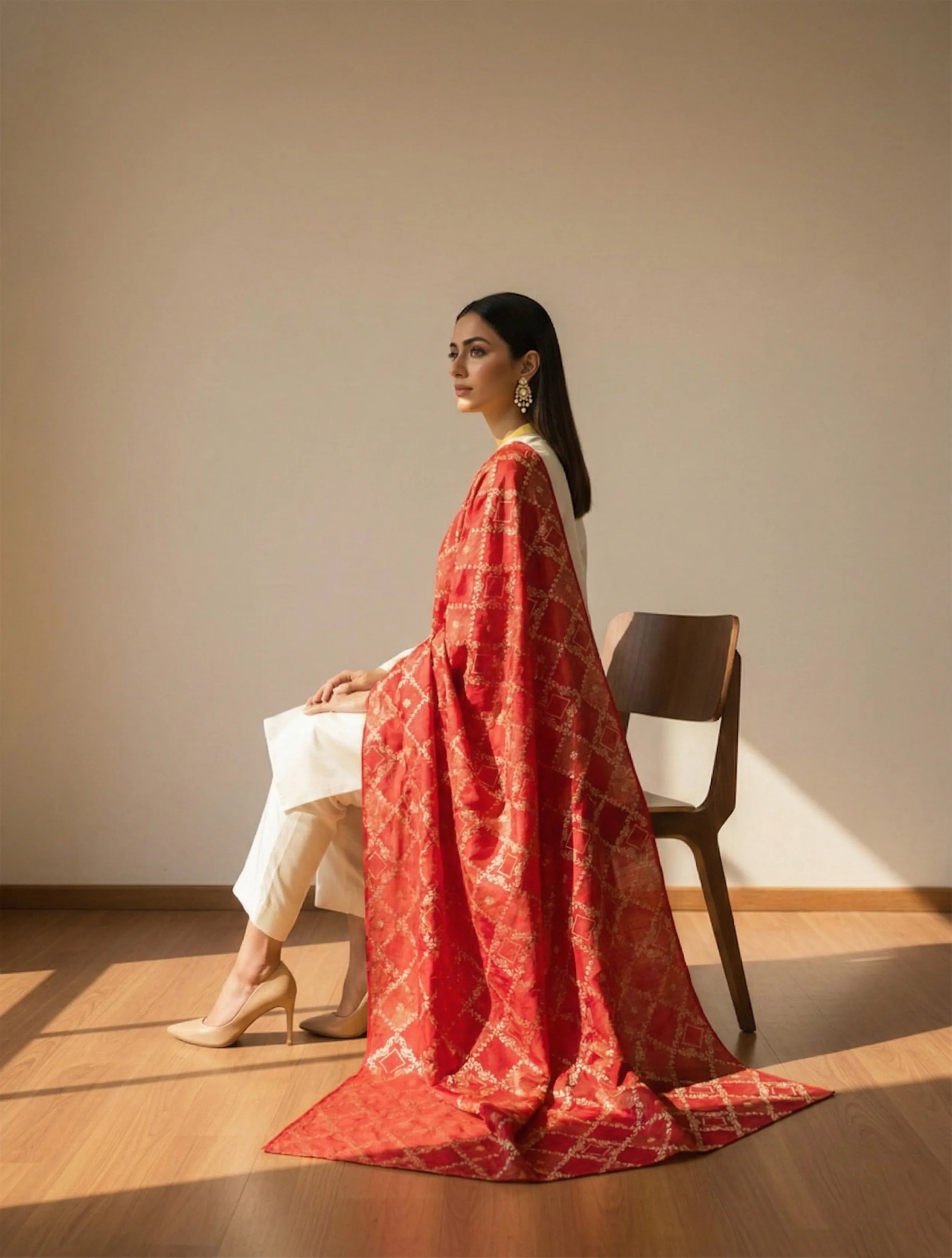 trueBrowns Red Diamond Brocade Dupatta