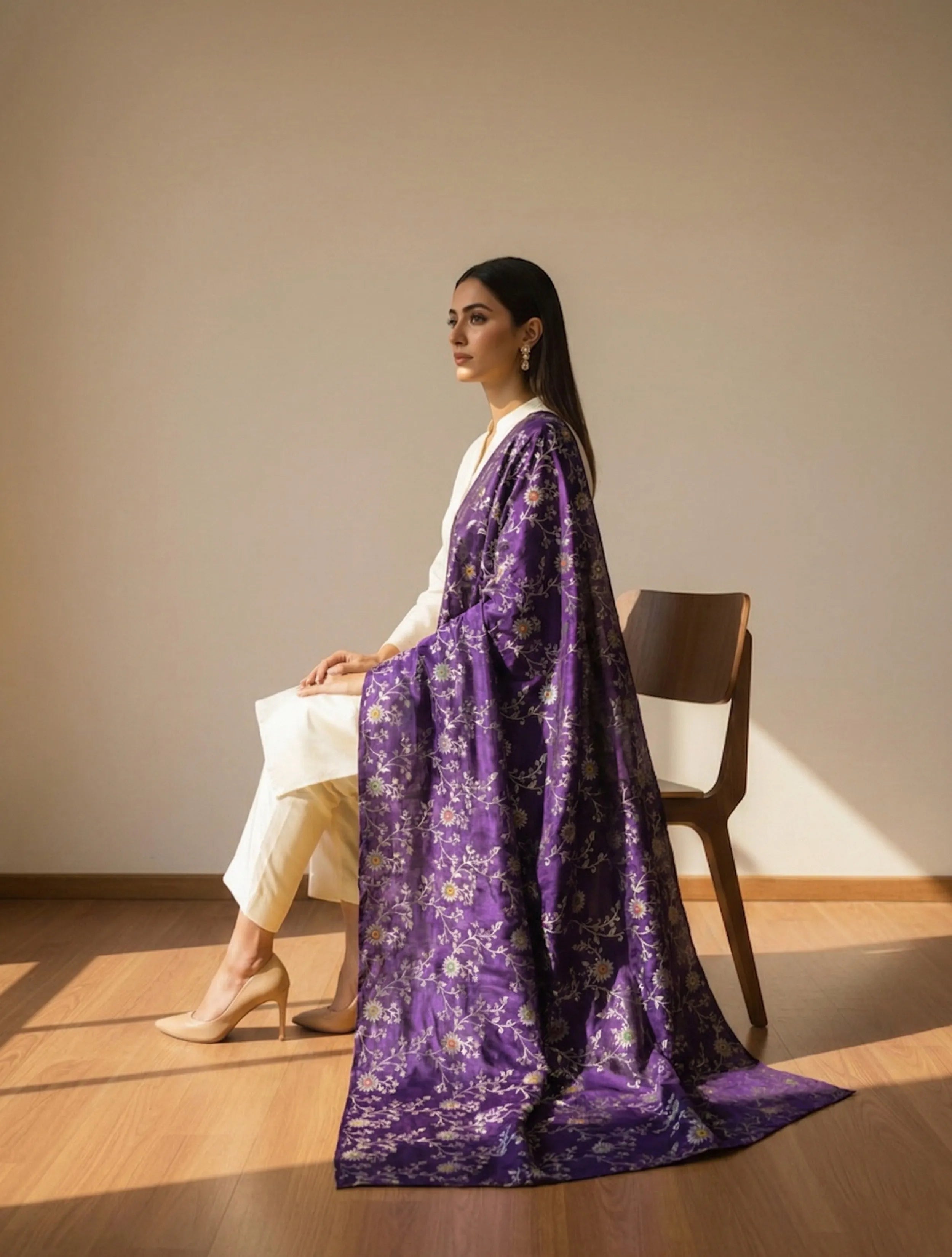 trueBrowns Purple Rose Brocade Dupatta