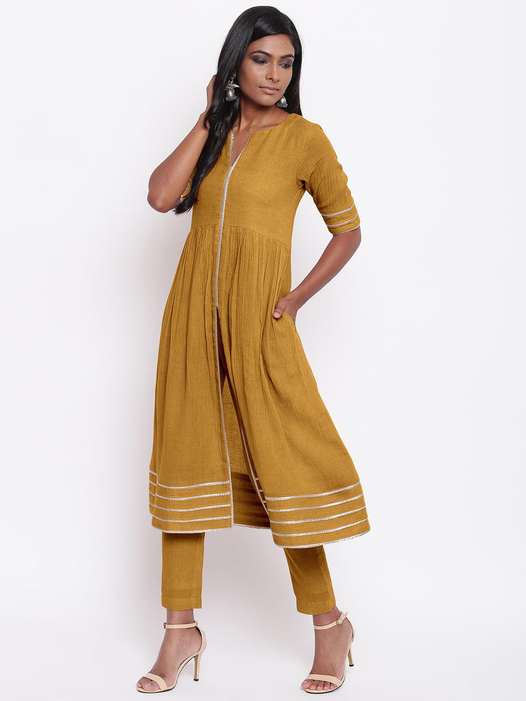 Pure Cotton Beige Gota Slit Kurta Set - trueBrowns