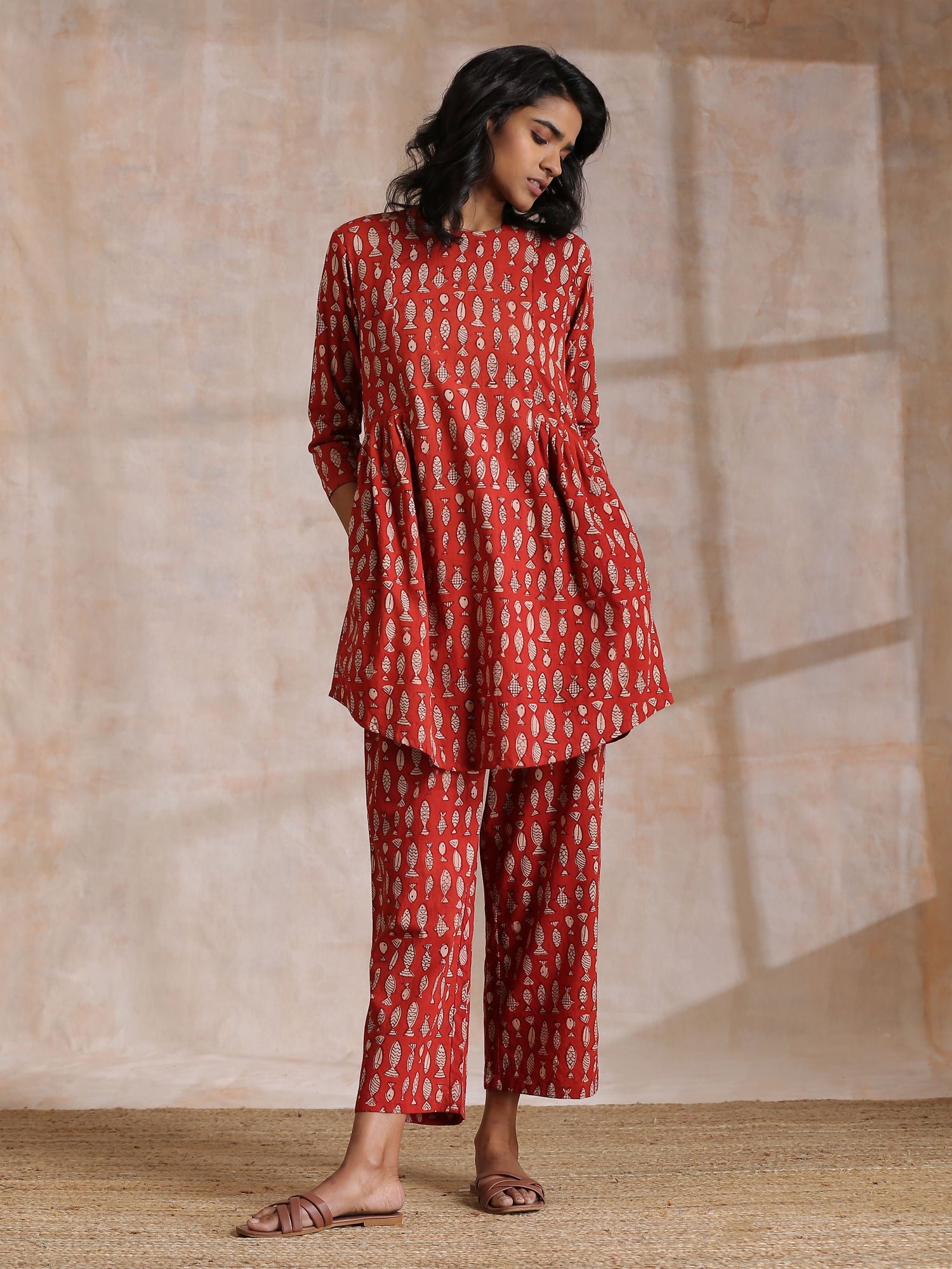 Rust Red Bagru Fish Print Cotton Gathers Co-Ord Set