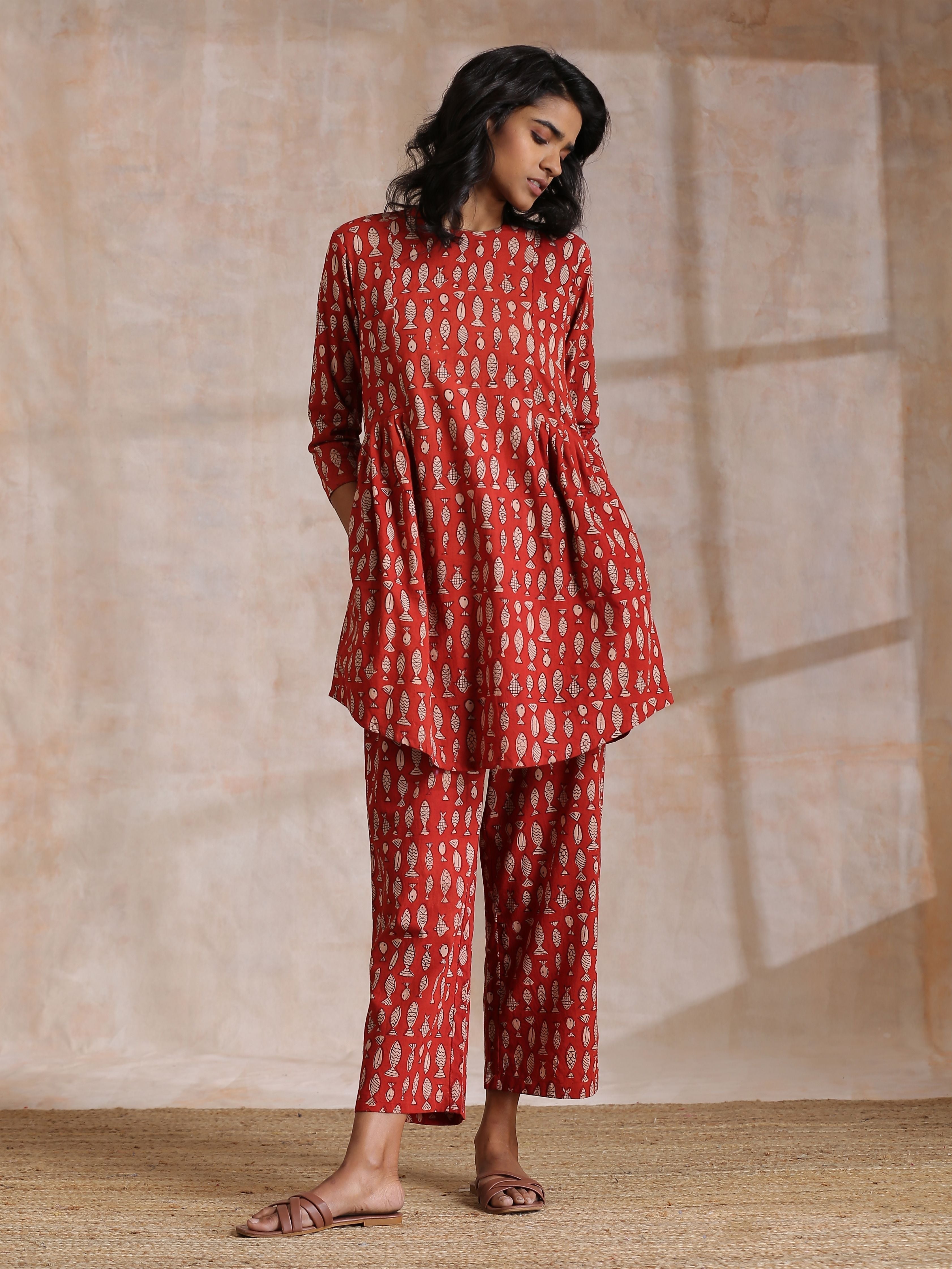 Rust Red Bagru Fish Print Cotton Gathers Co-Ord Set