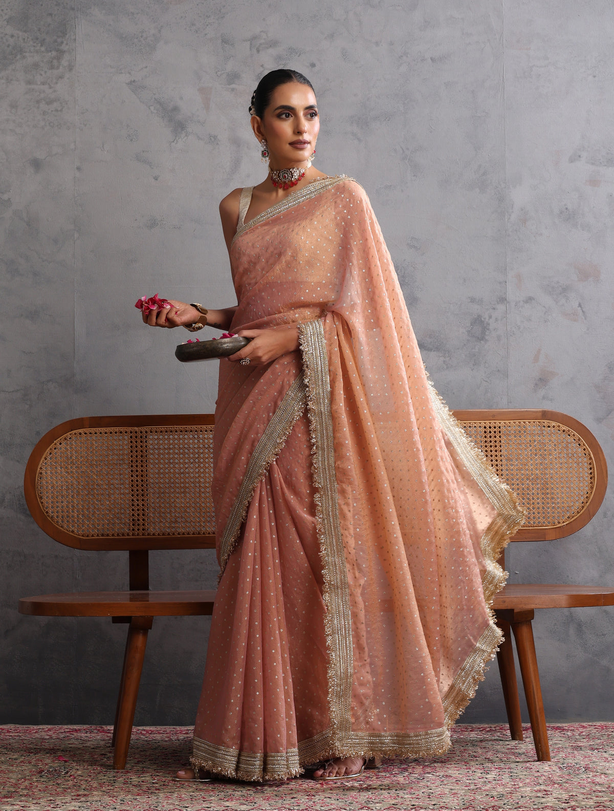 trueBrowns Peach Tissue Foil Printed Saree With Unstitched Blouse