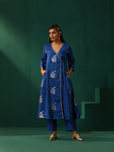 trueBrowns Royal Blue Floral Viscose Silk Angrakha Kurta Pant Set