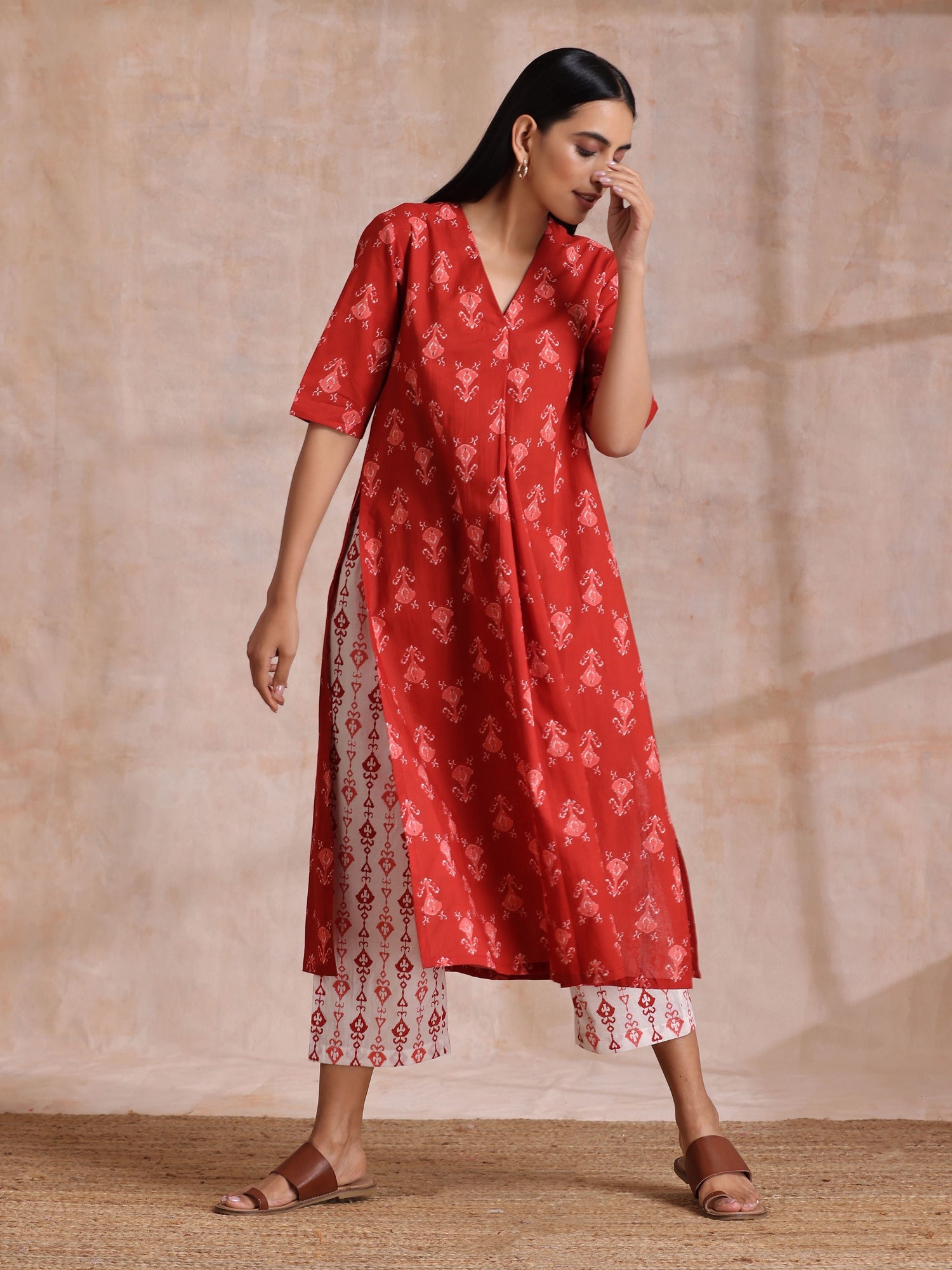 Red On Red Ikat Print Cotton Kurta Pant Set