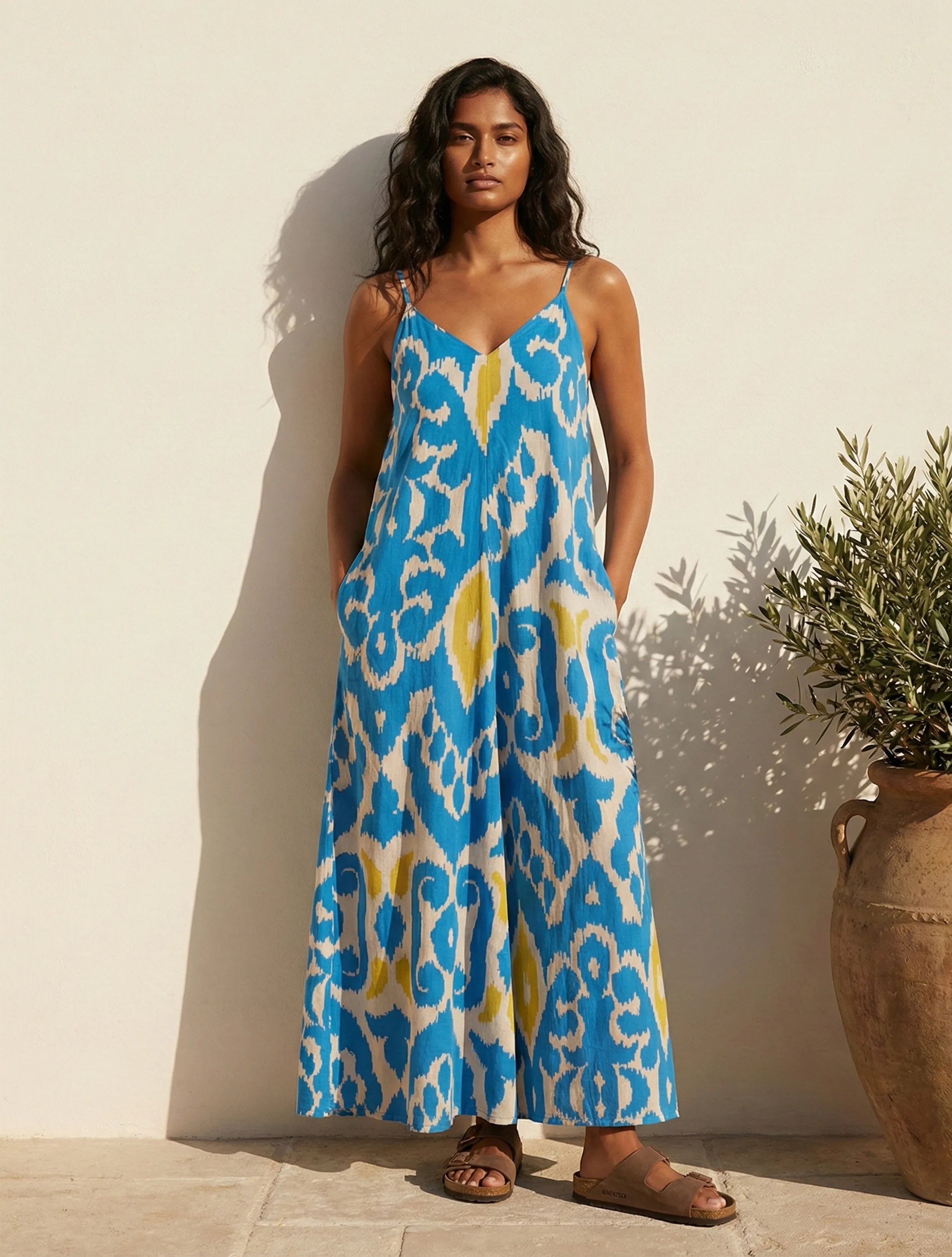 trueBrowns Blue Ikat Print Cotton Mull Strappy Maxi Dress