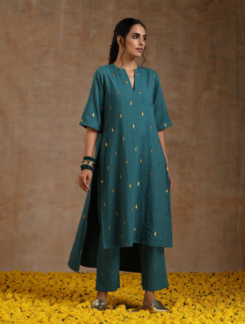 Deep Sea Gold Cotton Relaxed High-Low Kurta Set