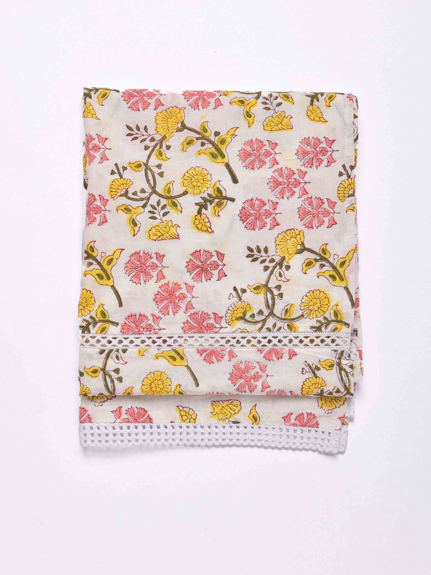 Pink Yellow Floral White Print Cotton Stole