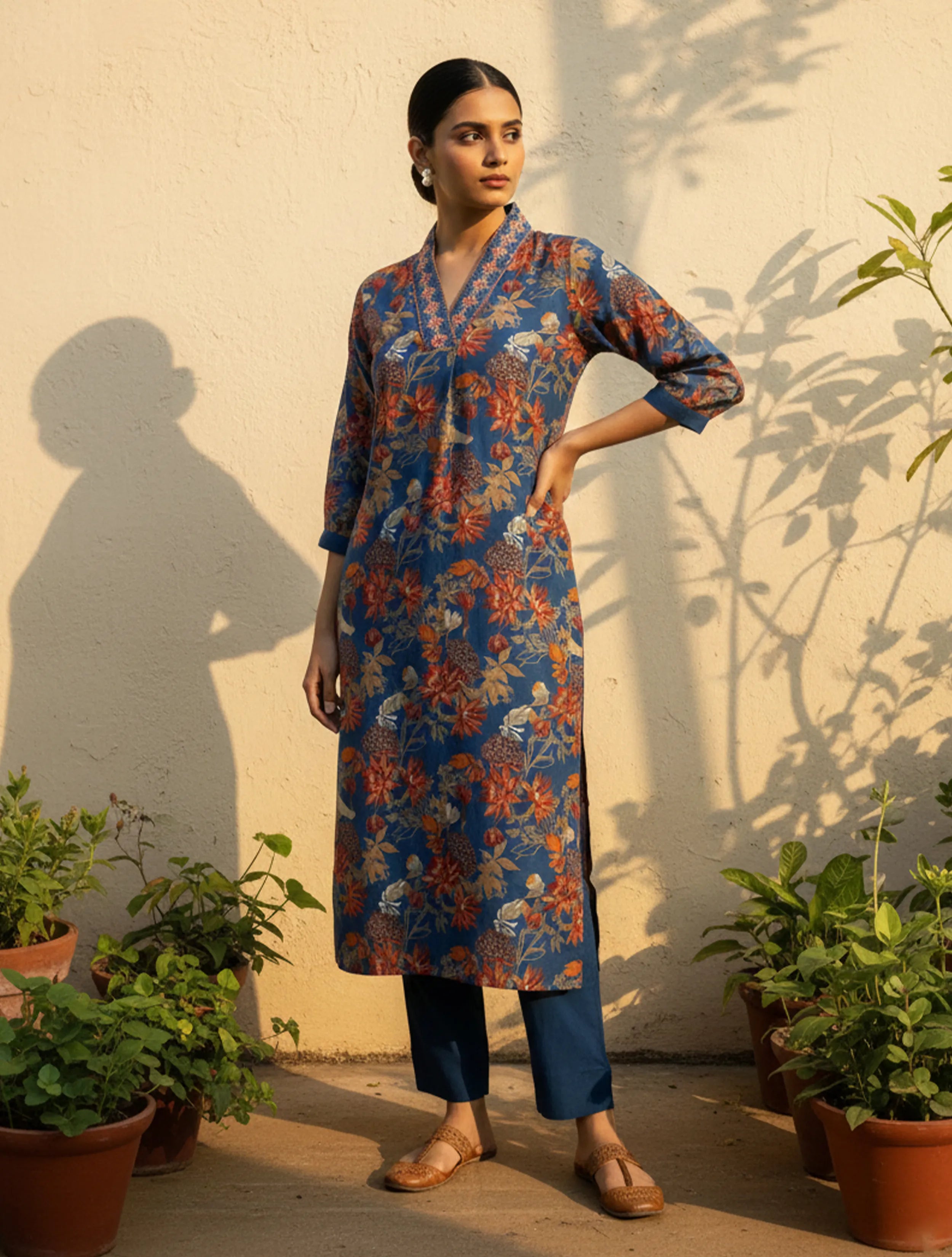 trueBrowns Blue Floral Print Embroidered Kurta Pant Dupatta Set
