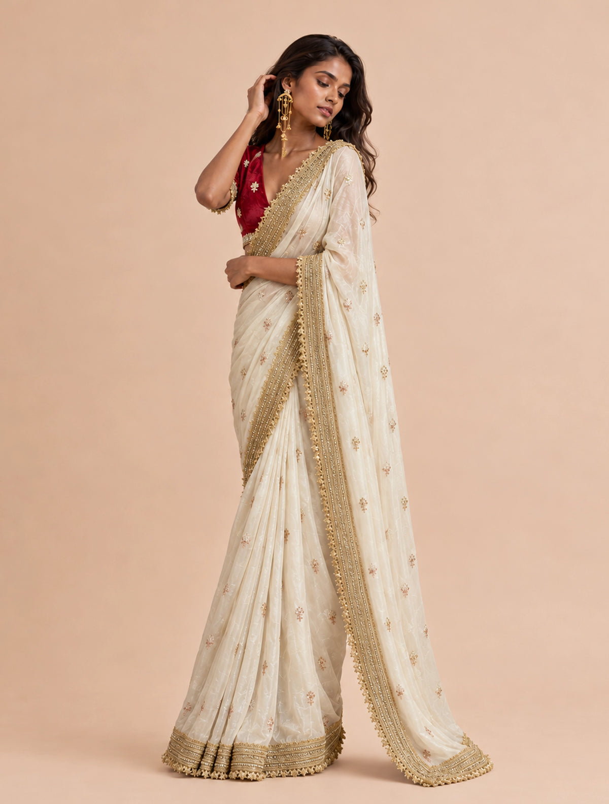 trueBrowns Ivory Embroidered Satin Tissue Saree With Unstitched Blouse