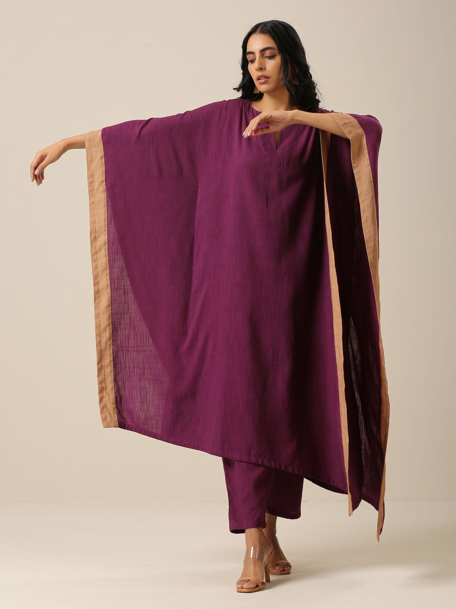 Plum Purple Slub Texture High Low Kaftan Pant Set