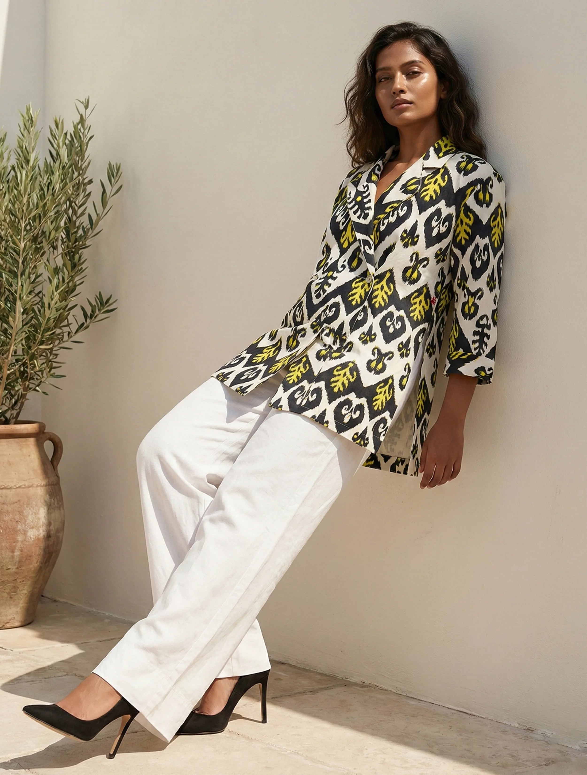 trueBrowns Black White Ikat Print Cotton Poplin Blazer Co-Ord Set