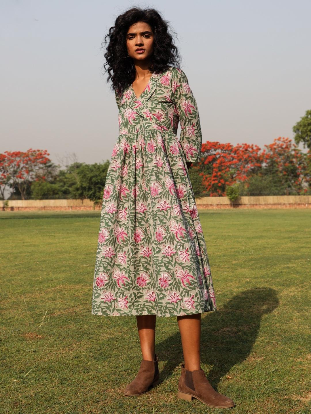 Sage Cotton Block Print Lapel Collared Dress - trueBrowns