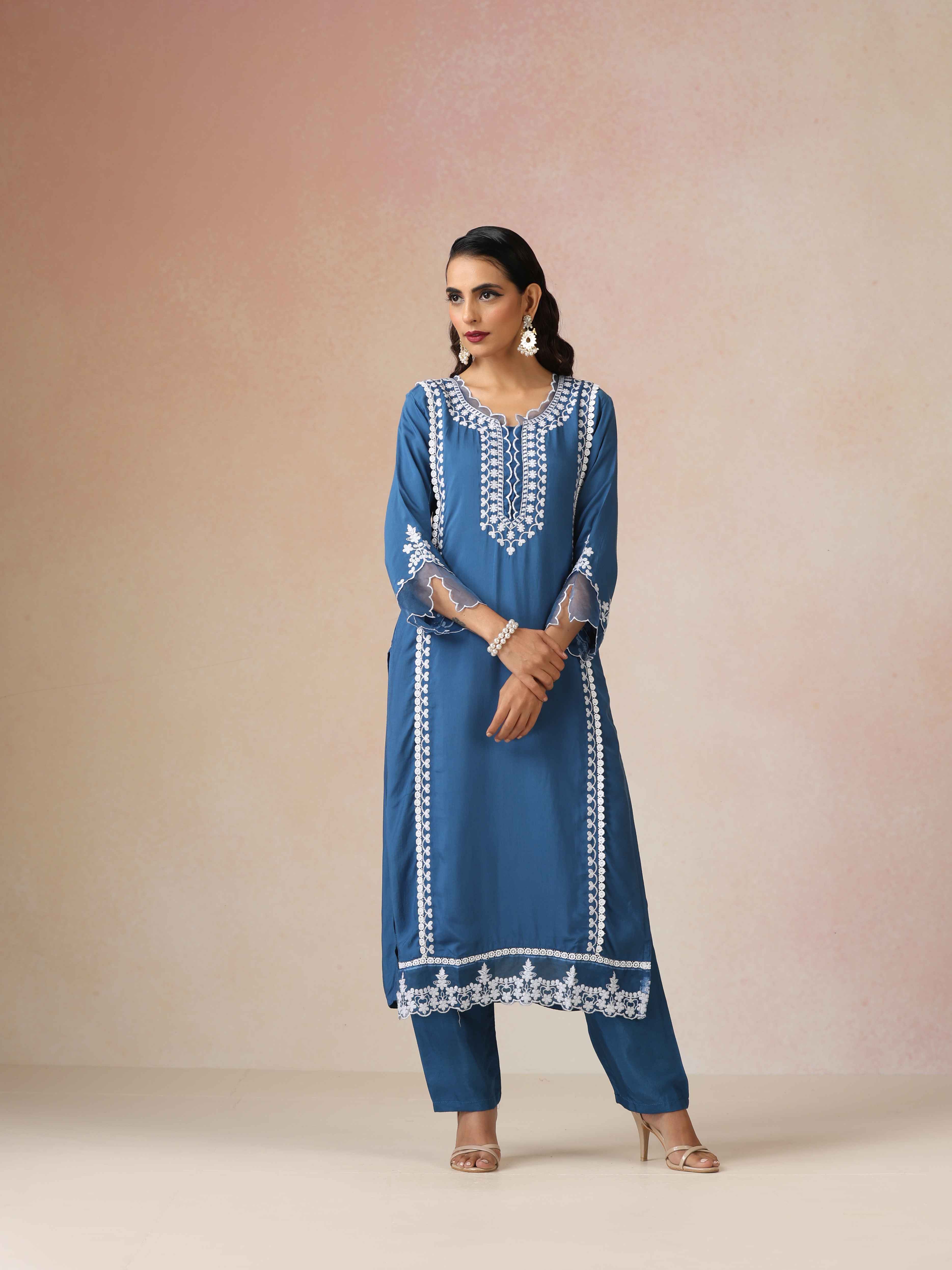 trueBrowns Blue Embroidered Round Neck Straight Kurta 3pc Set