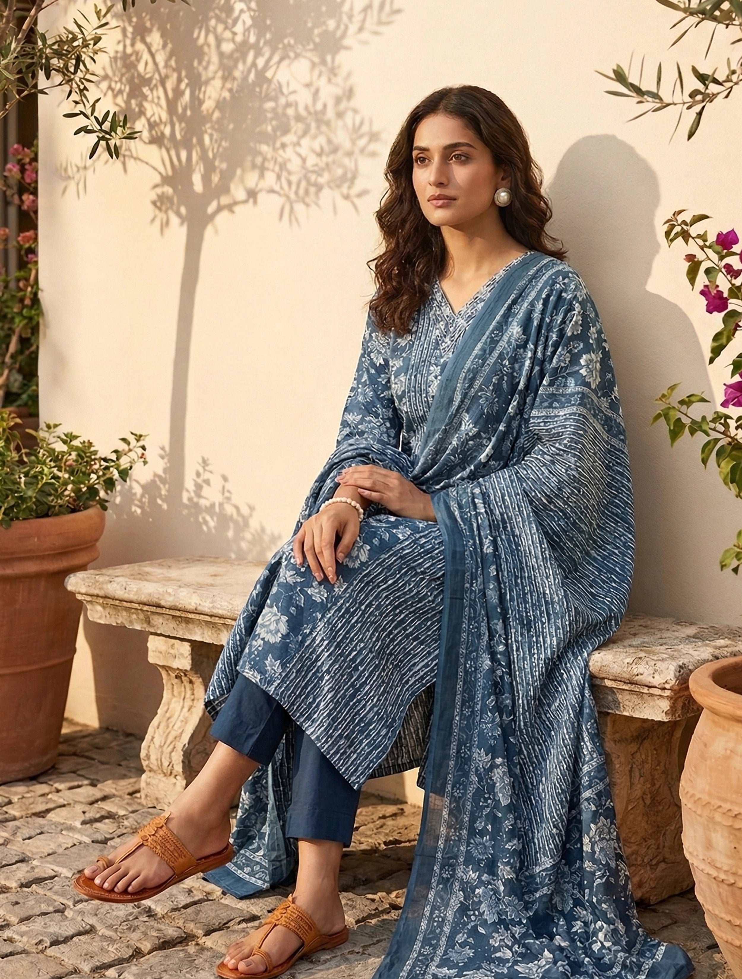 trueBrowns Blue Floral Print Embroidered Anarkali Kurta Pant Dupatta Set