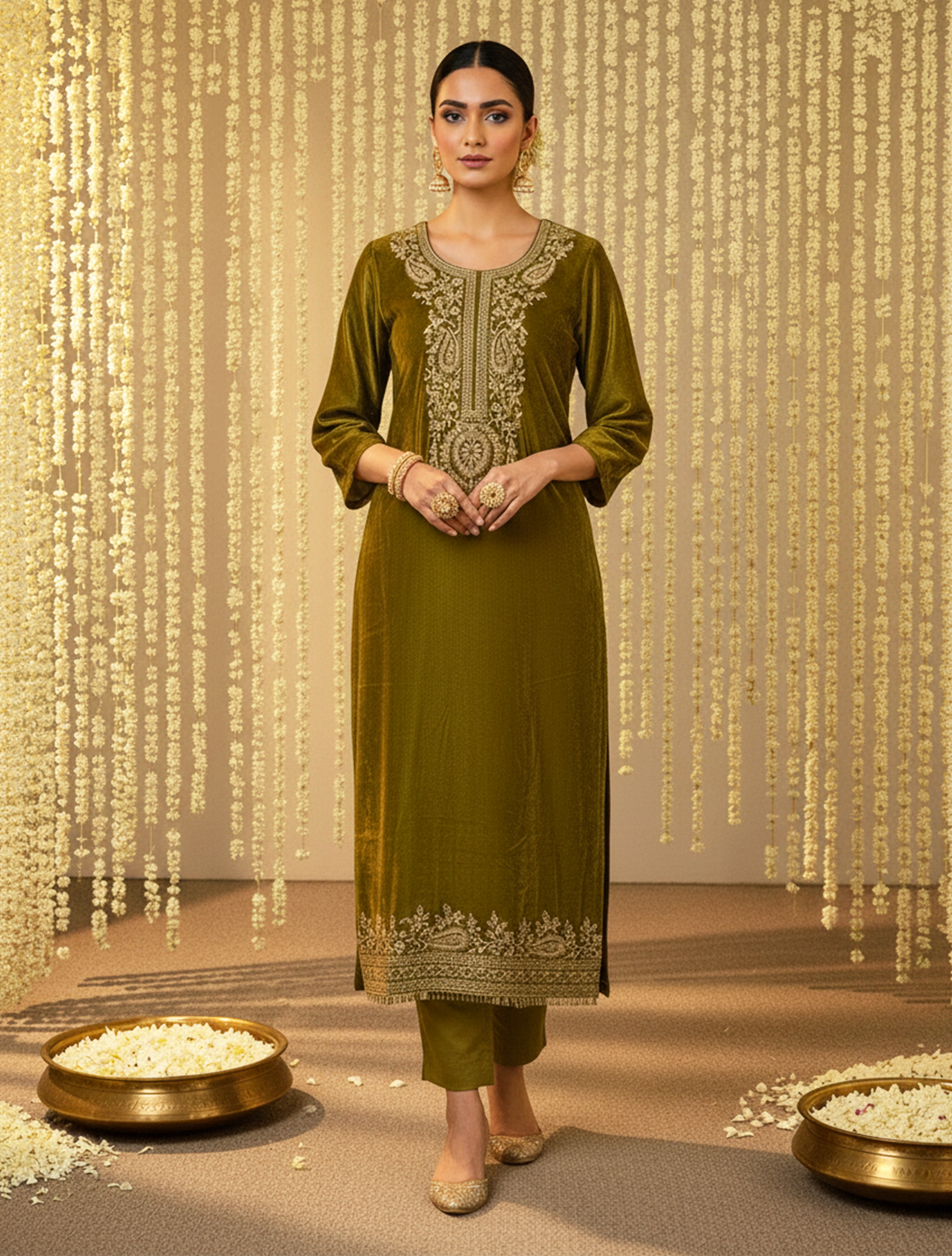 trueBrowns Lime Luxe Velvet Embroidered Kurta Pants Dupatta Set
