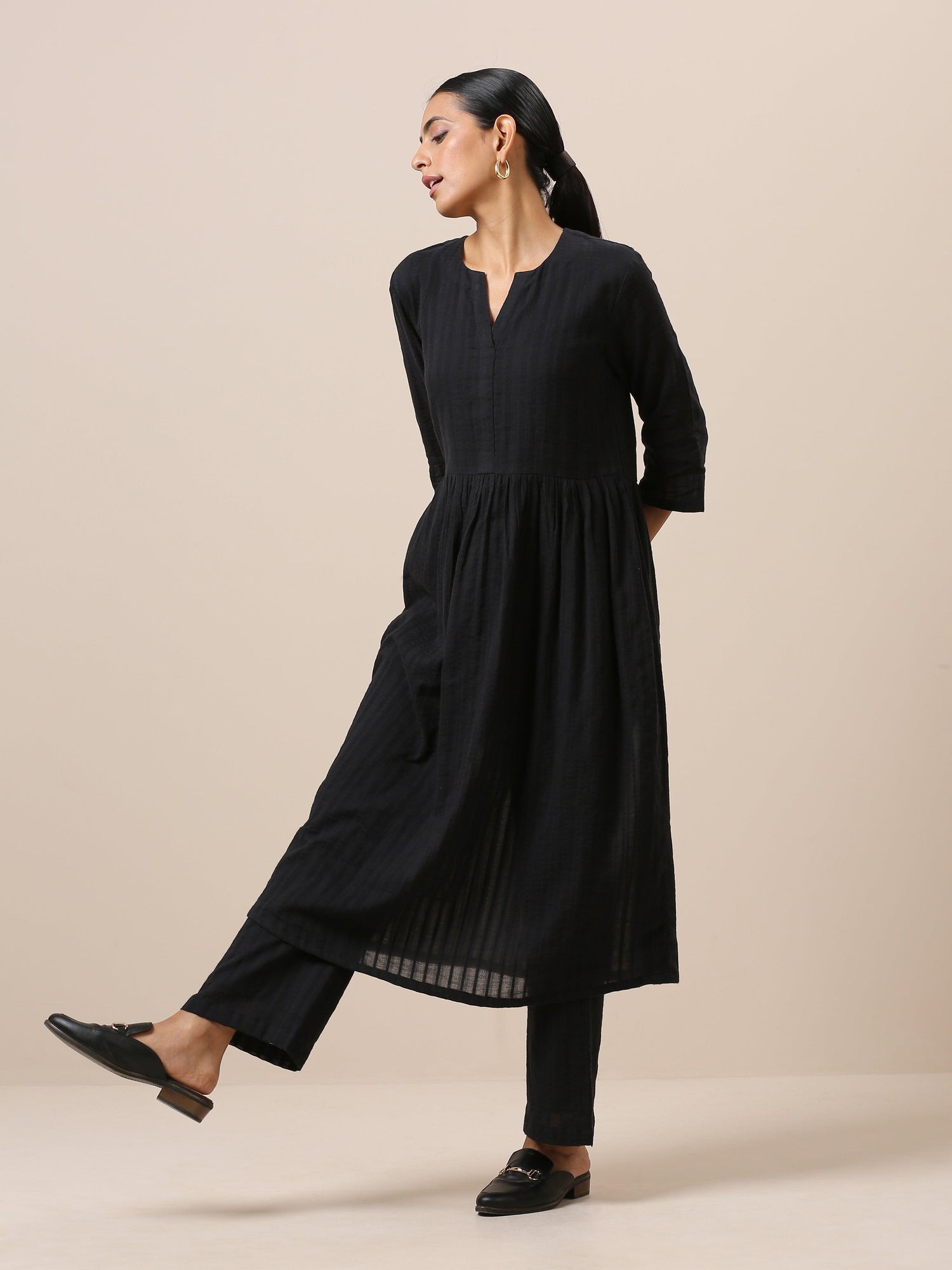 Cotton Black Flared Kurta Pant Set - trueBrowns