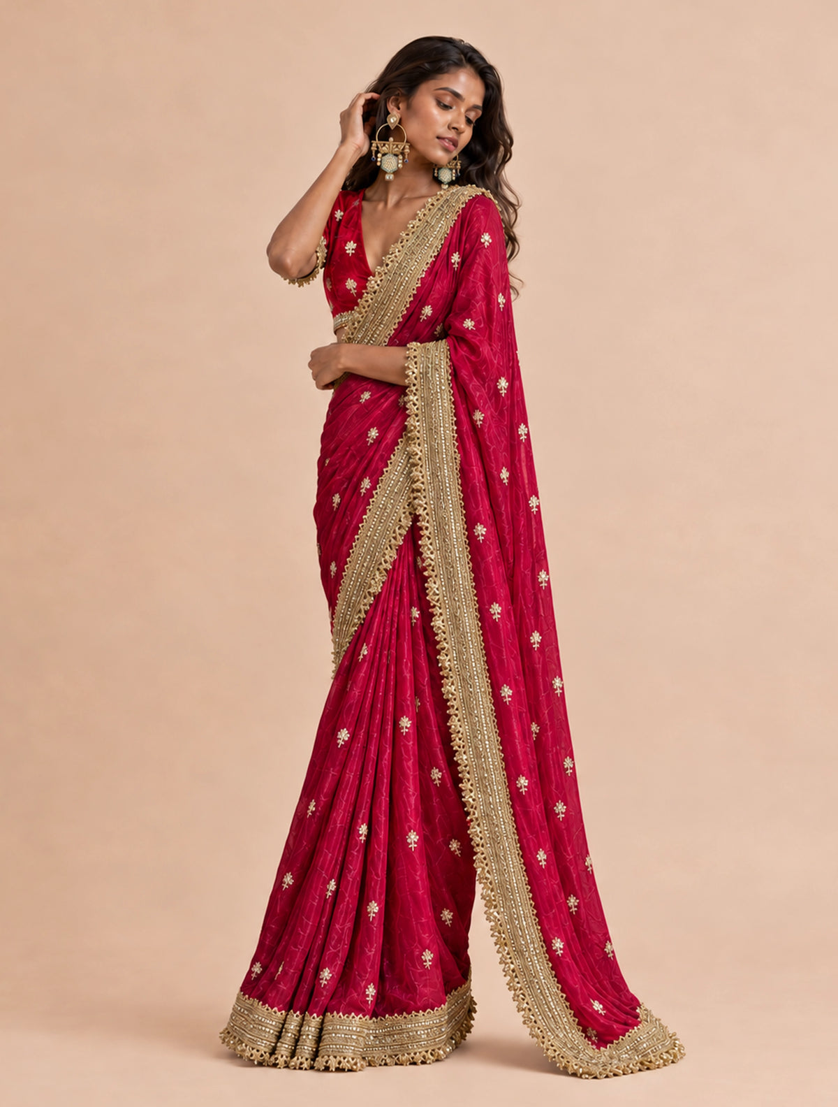 trueBrowns Maroon Embroidered Satin Tissue Saree With Unstitched Blouse