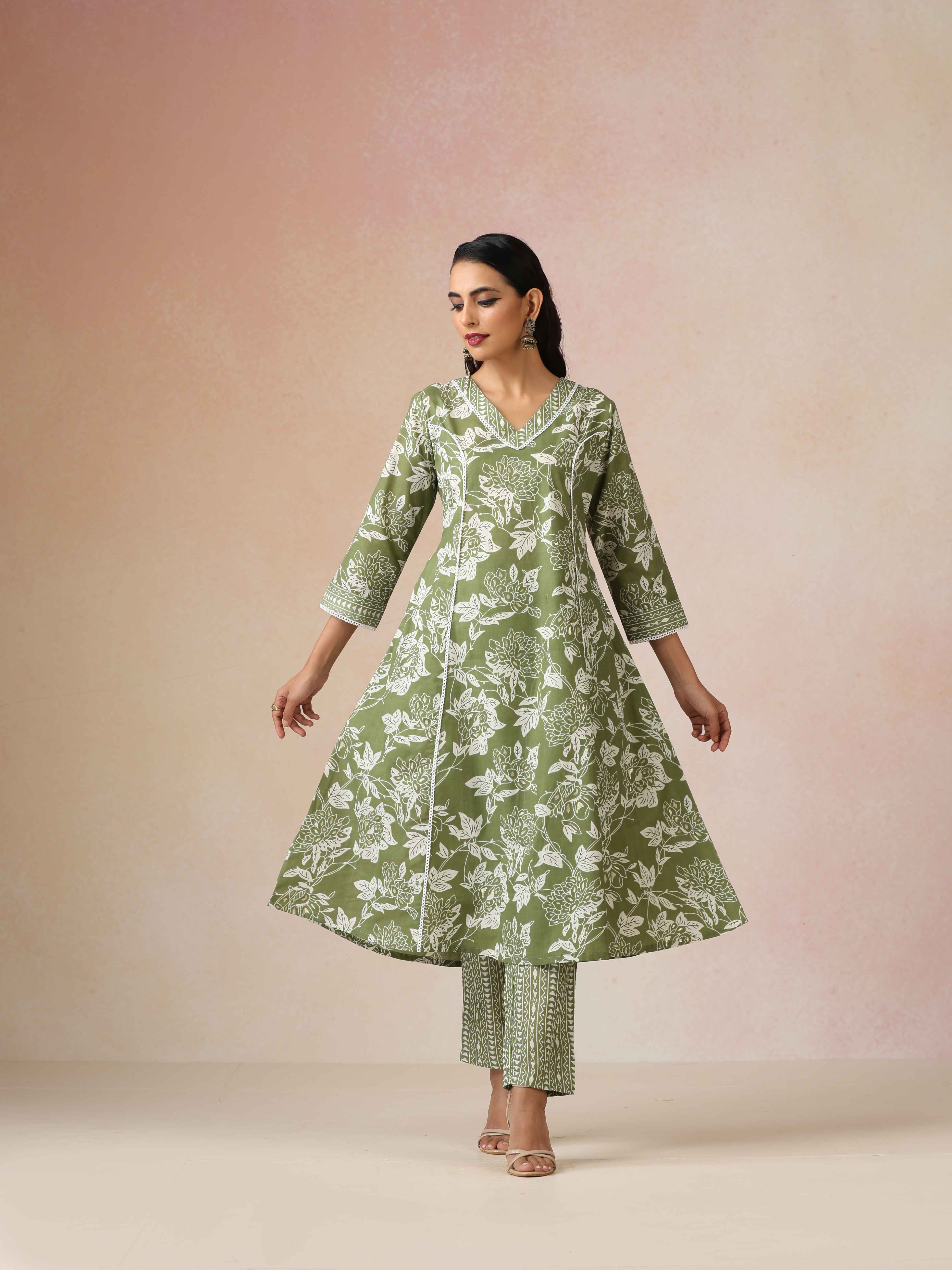 trueBrowns Green Cotton Print A Line Kurta 3pc Set
